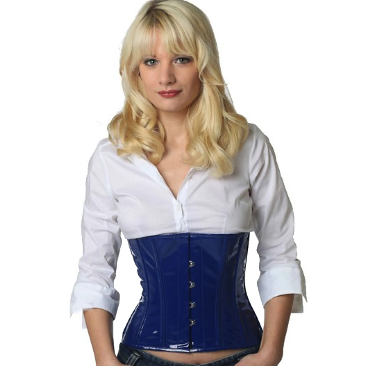 Espartilho de verniz espartilho de cintura azul – brilho elegante para uma silhueta dramática Modelo vestindo um corset de cintura curto em verniz em azul com forro de algodão