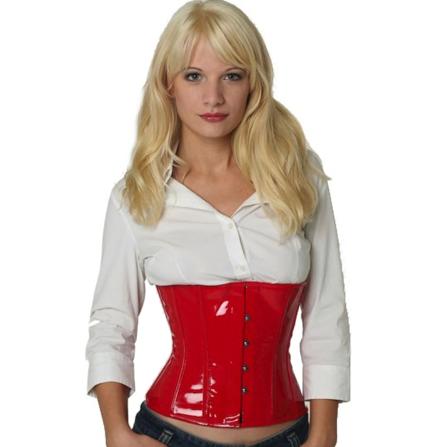 Red vinyl waist corset – sinfully glossy & perfect silhouette Model wearing a short vinyl waist cincher corset in red with cotton inner lining