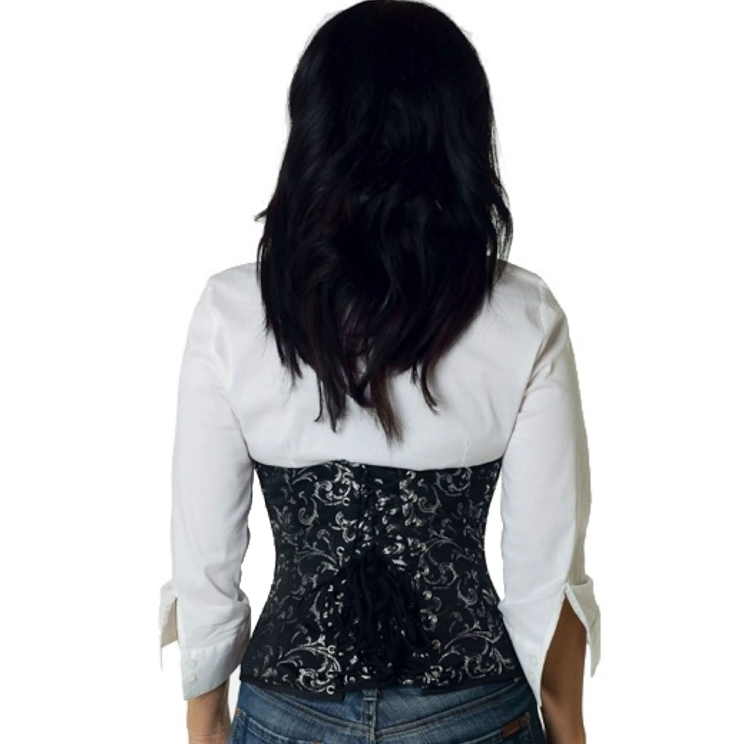 Brocade corset waist cincher silver Back view of a model in a brocade waist tightlacing corset in silver with classic back lacing