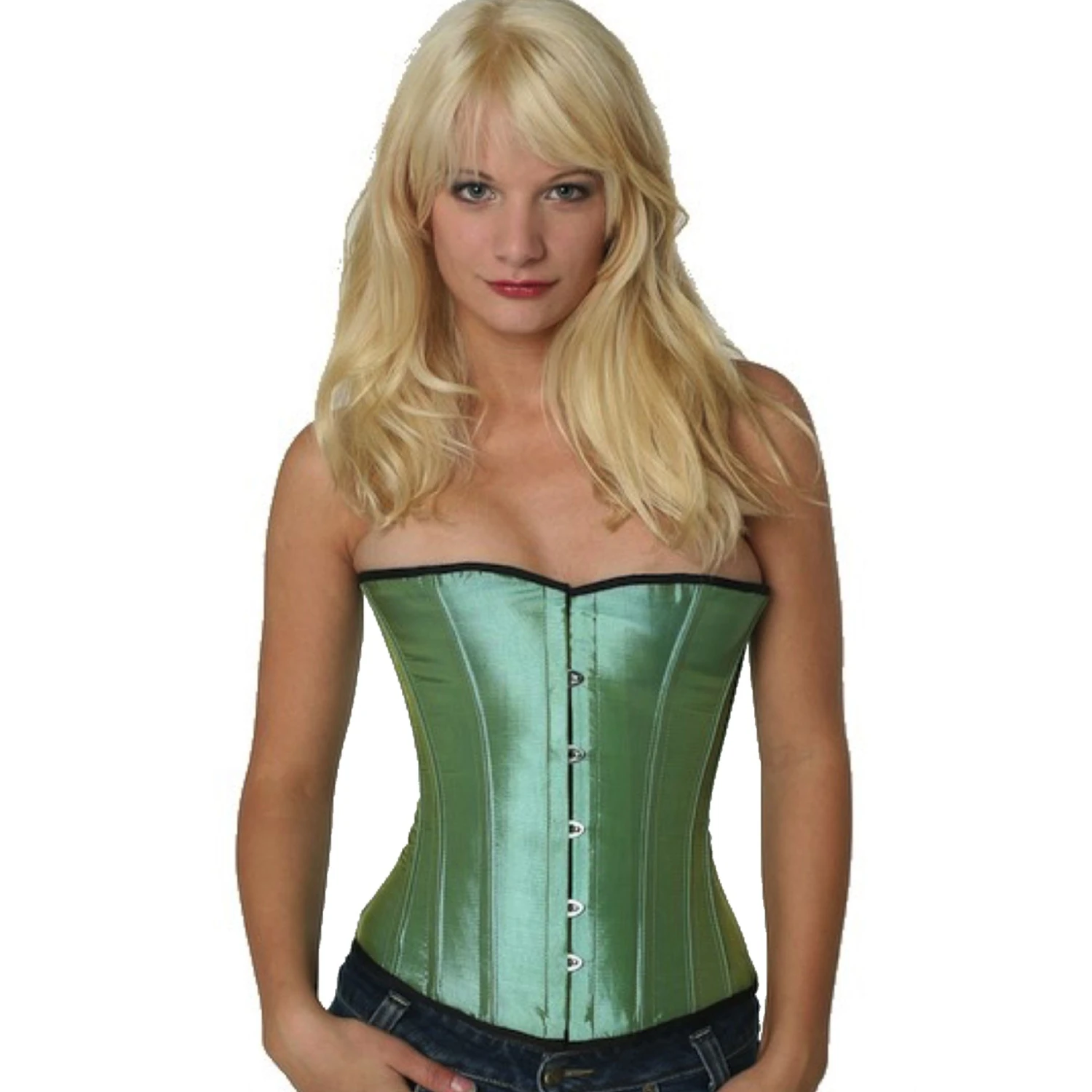 Demi-bust corset in light green satin – Elegant lace-up corset Model wearing an elegant satin half-bust corset in light green with cotton inner lining