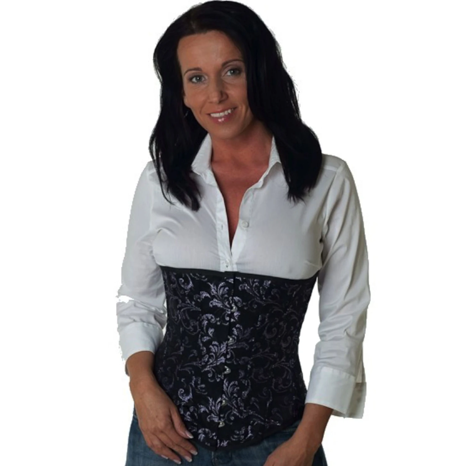 Brocade Underbust Corset in Violet Model wearing an elegant brocade underbust corset in purple with cotton inner lining