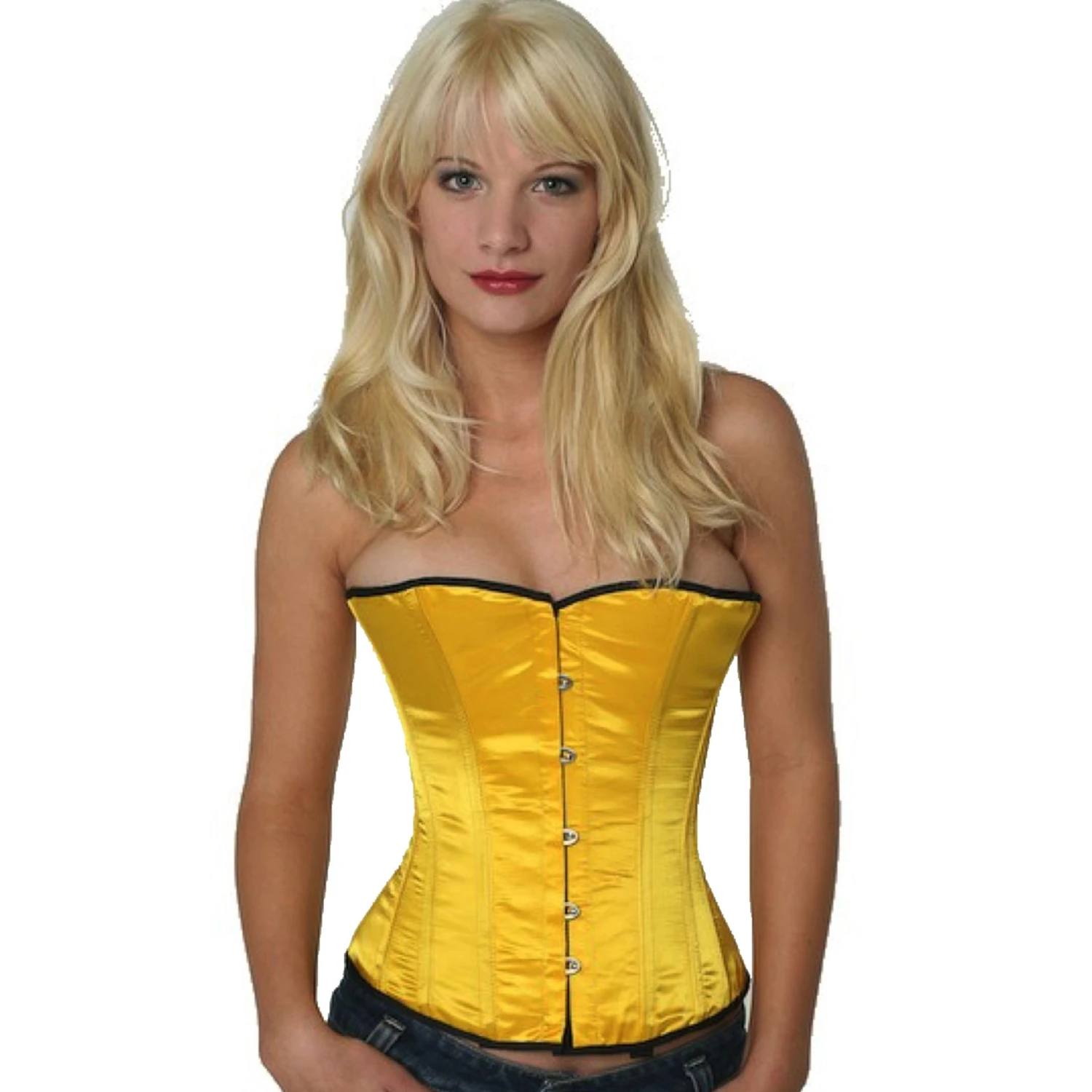 Demi-bust satin corset in yellow/mango – Exciting lace-up corset for perfect curves Model wearing an elegant satin half-bust corset in yellow with cotton inner lining