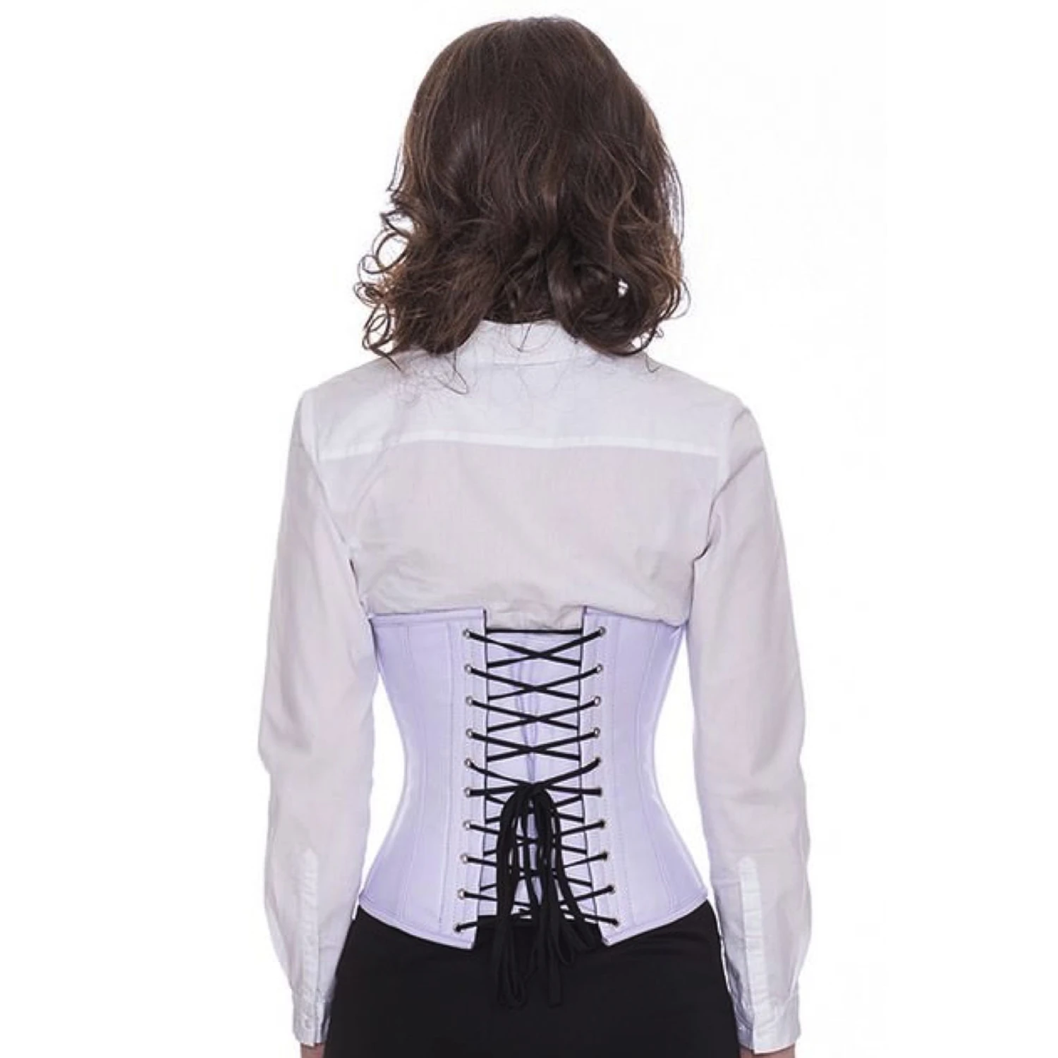 Espartilho de couro Espartilho de cintura Lilás Vista traseira na modelo para o corset de couro taillenkorsett em violeta claro com amarração clássica nas costas e 10 barbatas de aço inoxidável.