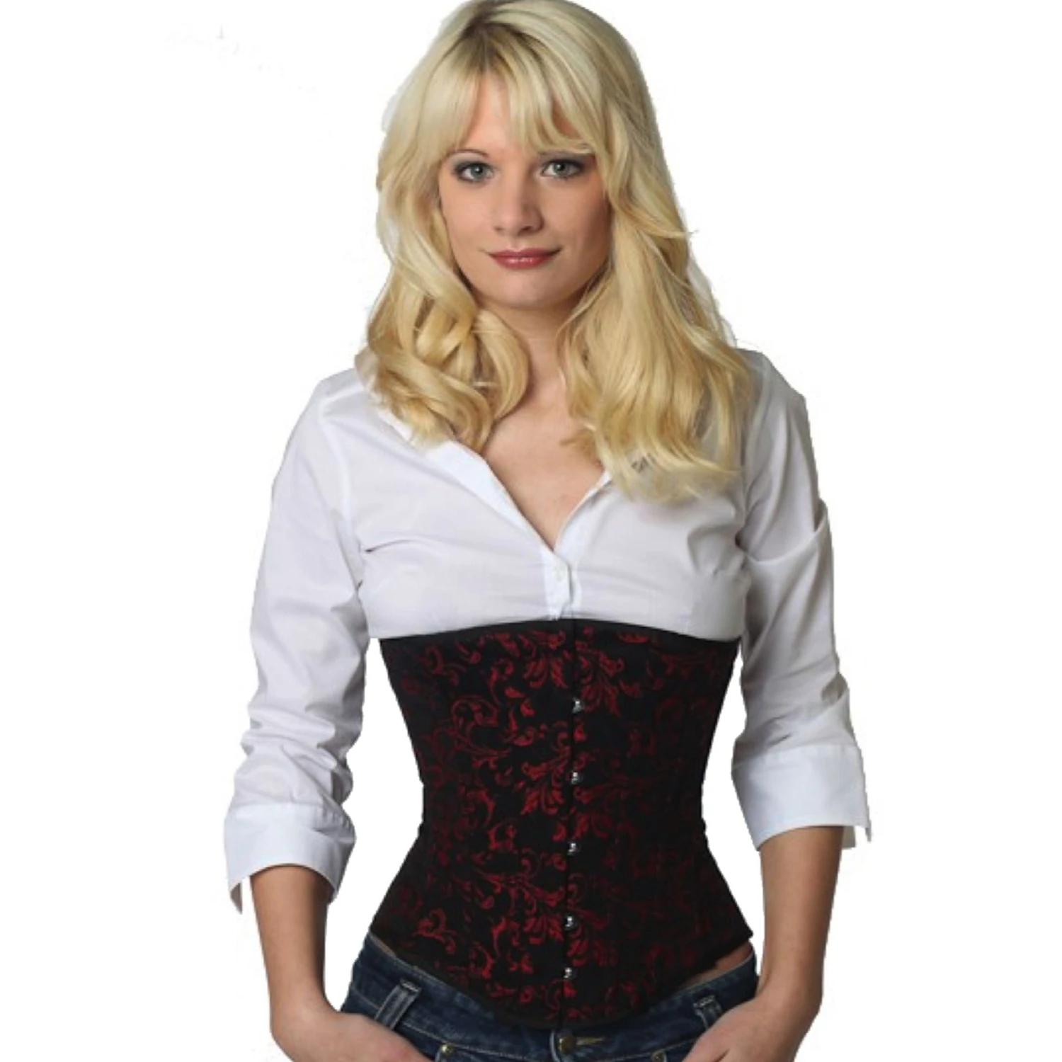 Red brocade underbust corset – genuine lace-up corset for a striking silhouette Model wearing an elegant brocade underbust corset in red with cotton inner lining
