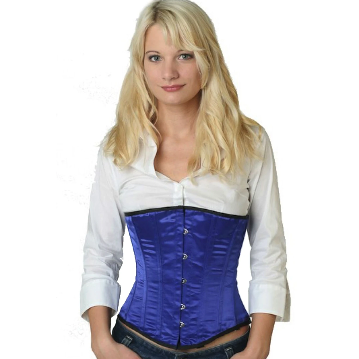 Satin Corset Underbust Corset Blue Model wearing an elegant satin underbust corset in blue with cotton inner lining