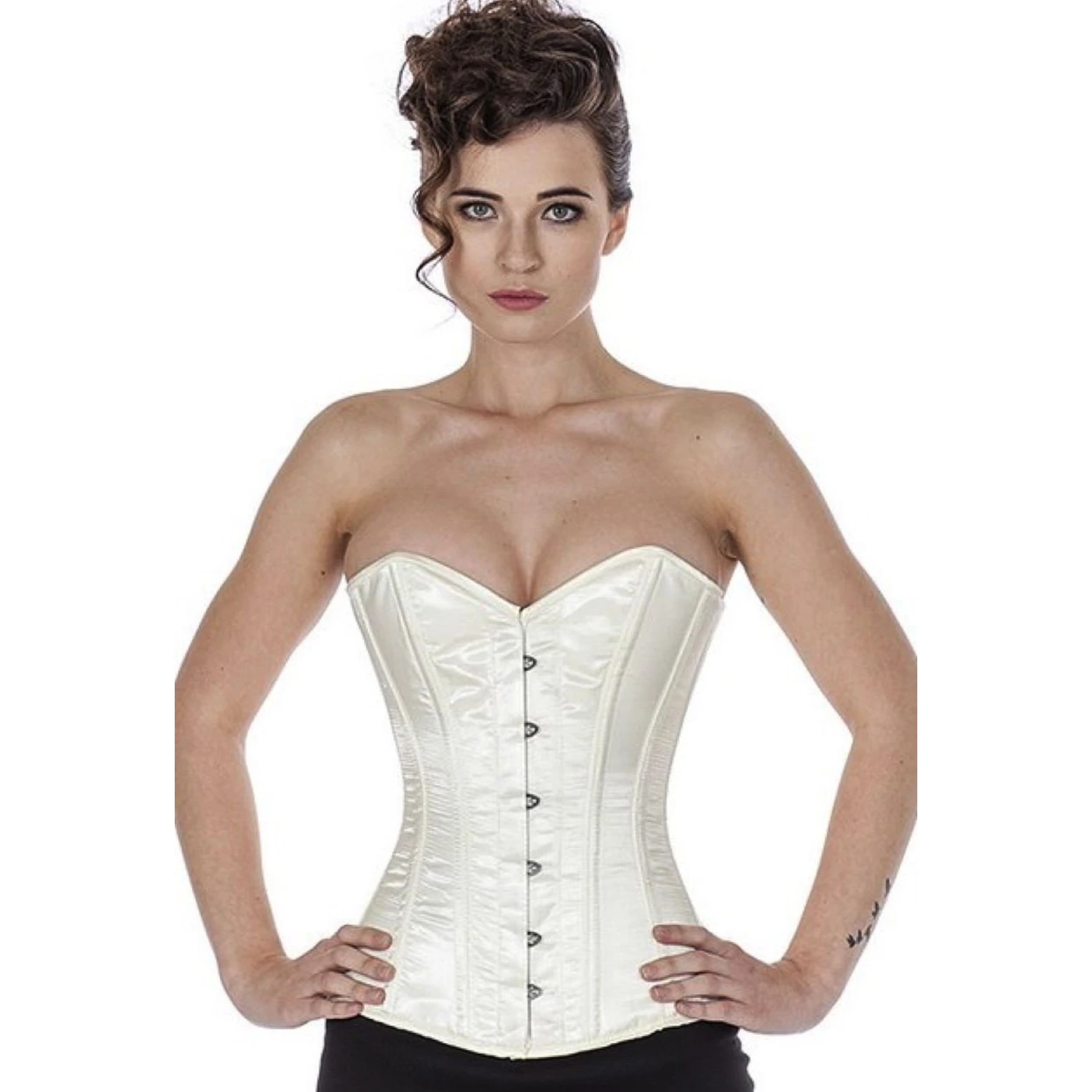 Satin Overbust Corset Ivory/Champagne – Classic Elegance for the Perfect Entrance Model wearing an elegant satin overbust corset in ivory with cotton inner lining
