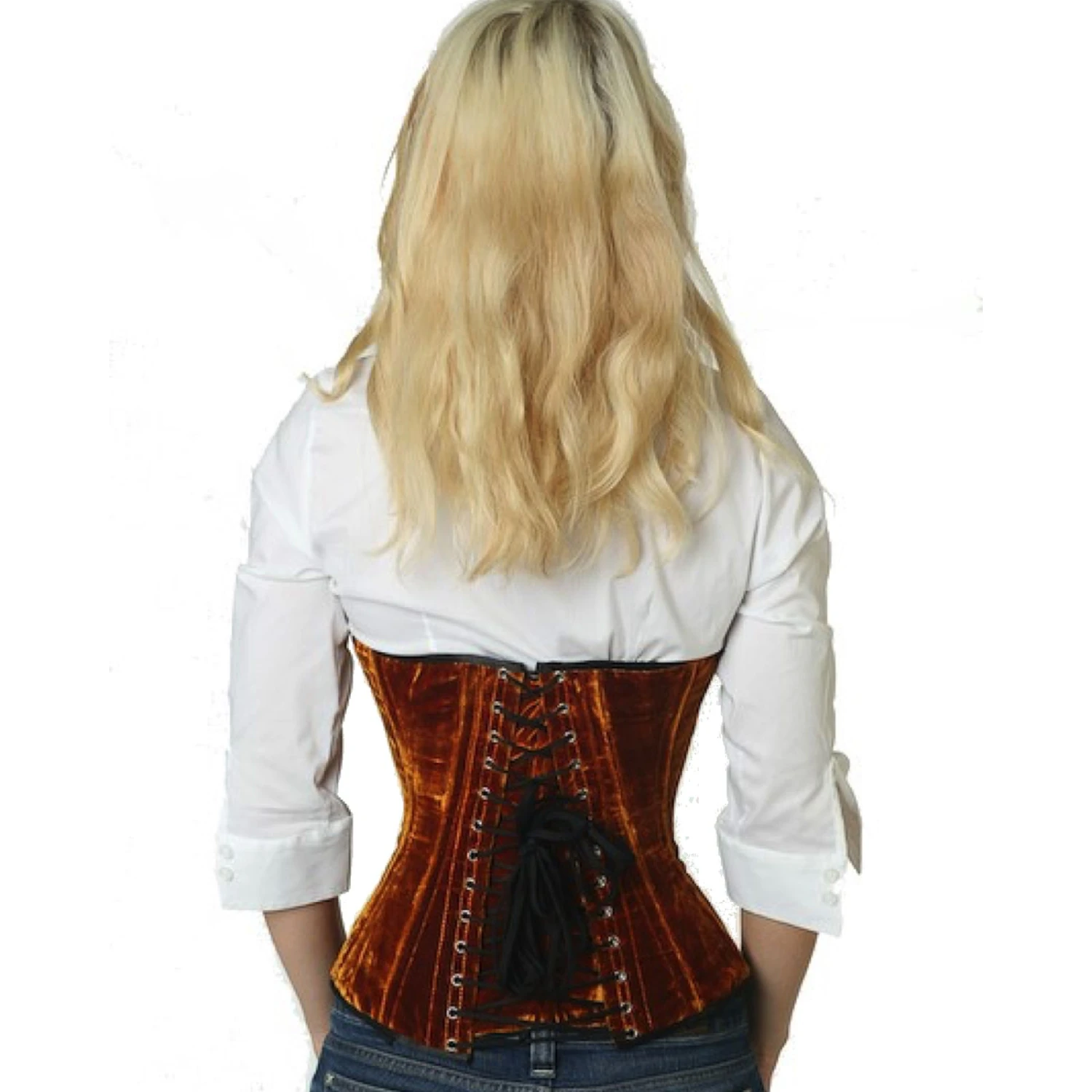 Velvet corset half-bust corset Gold Back view of a model in a velvet demi-bust tightlacing corset in gold with classic back lacing