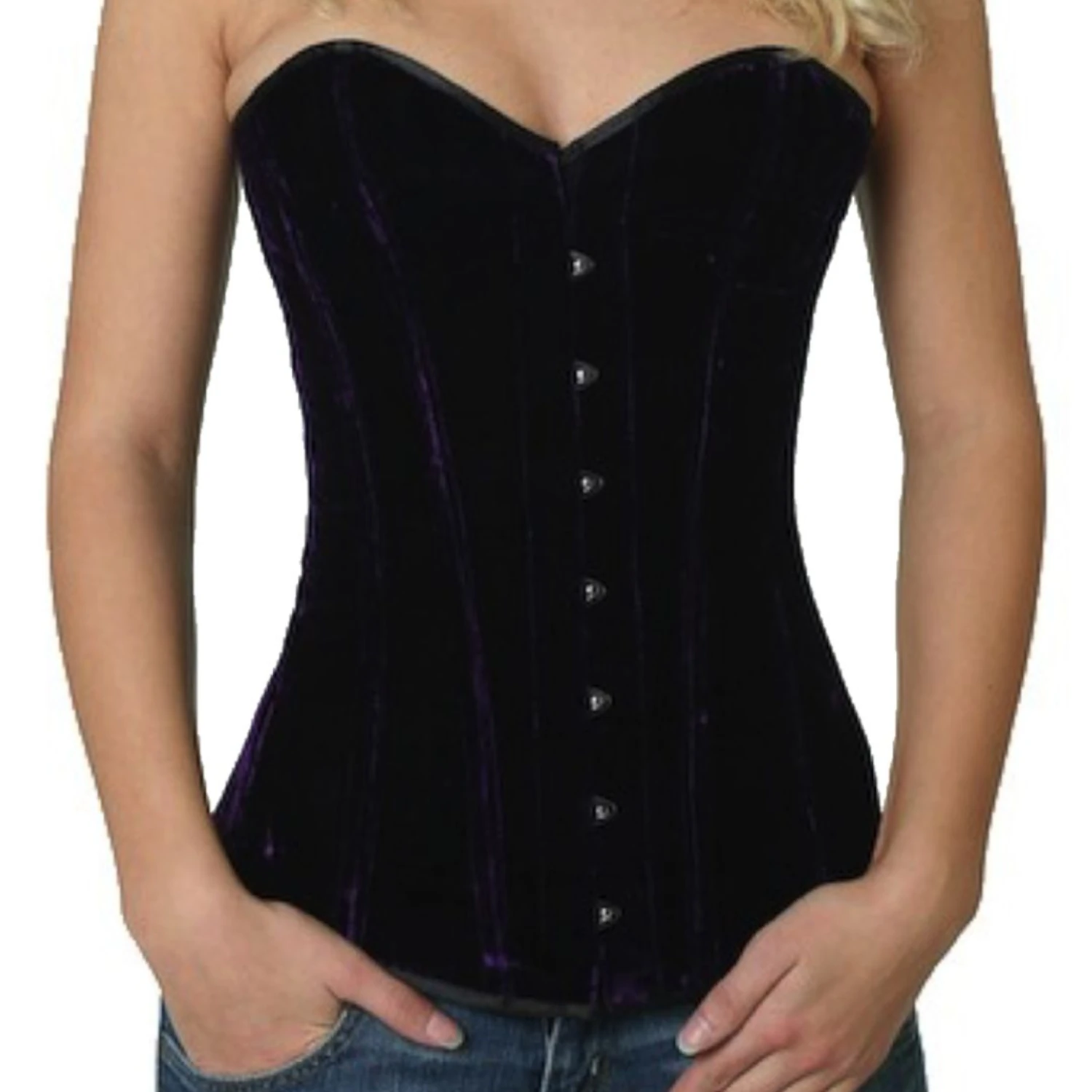 Corsé de terciopelo de busto completo violeta Corsé overbust auténtico de elegante tela de terciopelo en violeta para reducción de cintura