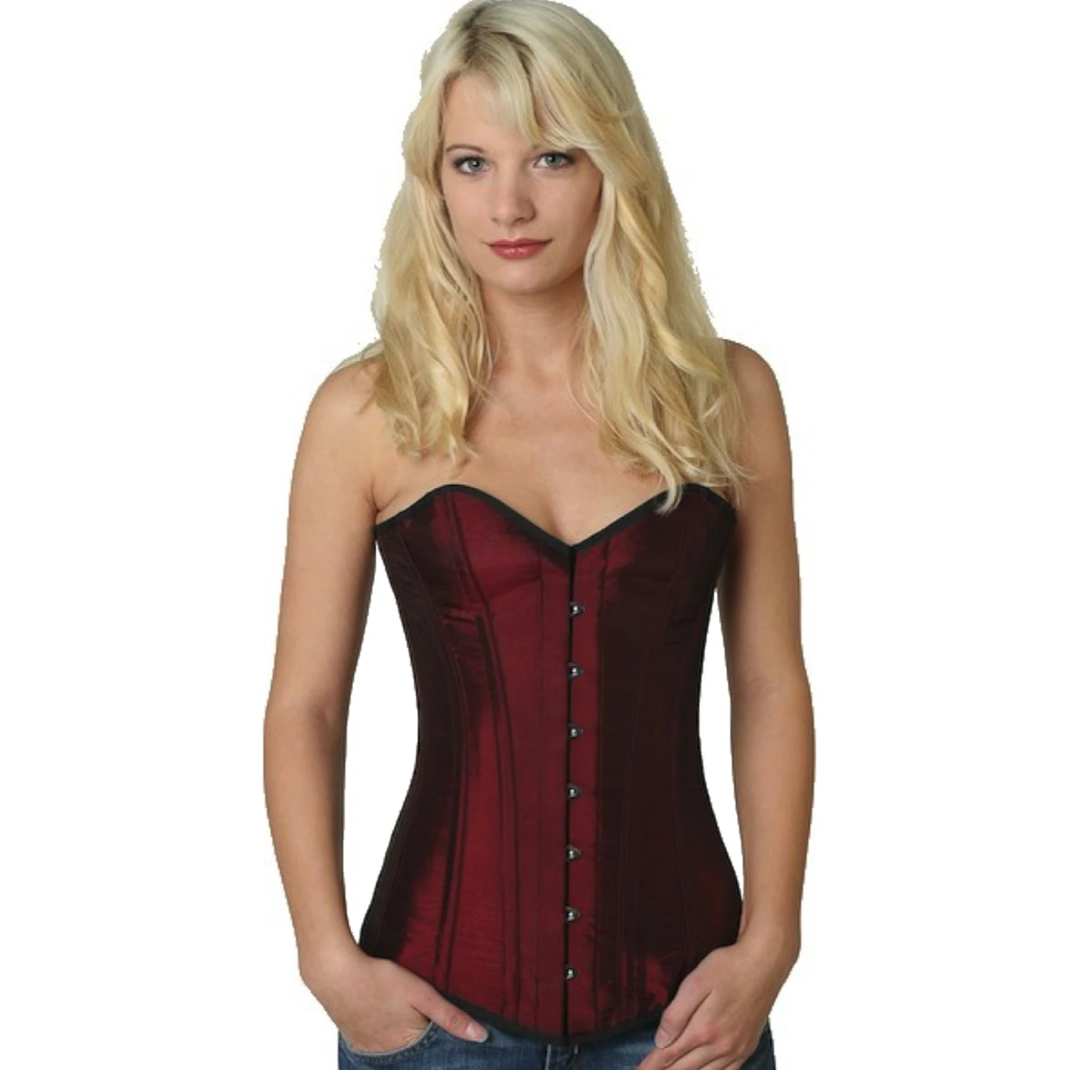Espartilho Corset vermelho vinho cetim sy05 Modelo vestindo um elegante corset busto completo de cetim vermelho escuro com forro interno de algodão