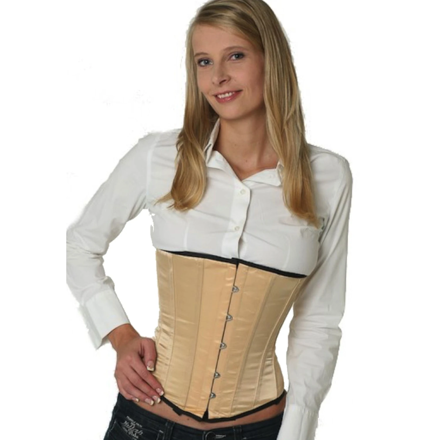 Satin corset underbust corset beige Model wearing an elegant satin underbust corset in beige with cotton inner lining