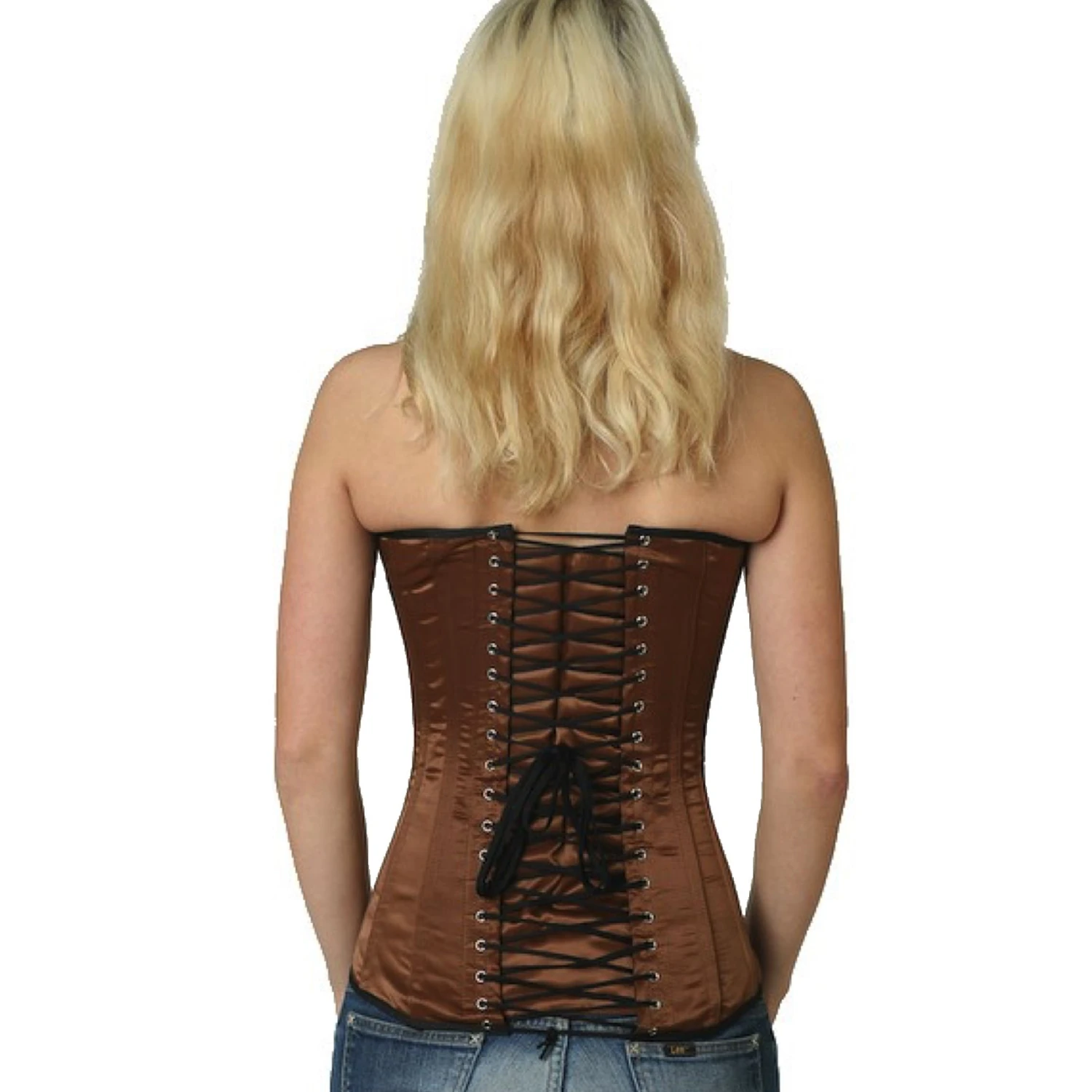Satin Corset Overbust Corset Brown Back view of a model in a satin overbust tightlacing corset in brown with classic back lacing