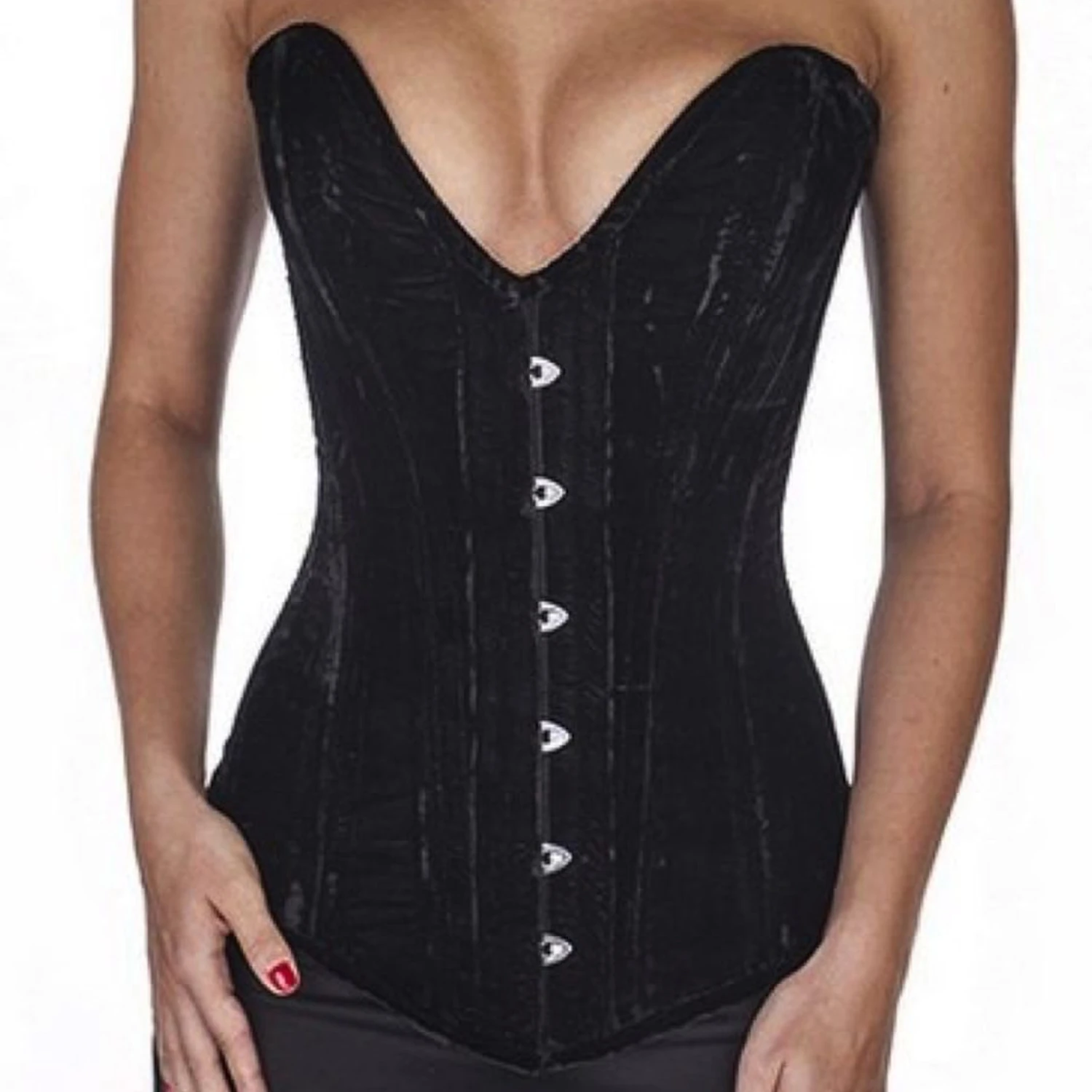 Velvet Overbust Corset with Deep Plunge Neckline, Black – Extravagant Cleavage & Elegant Silhouette Genuine full-bust lace-up corset in black velvet with a low-cut plunge neckline, front view