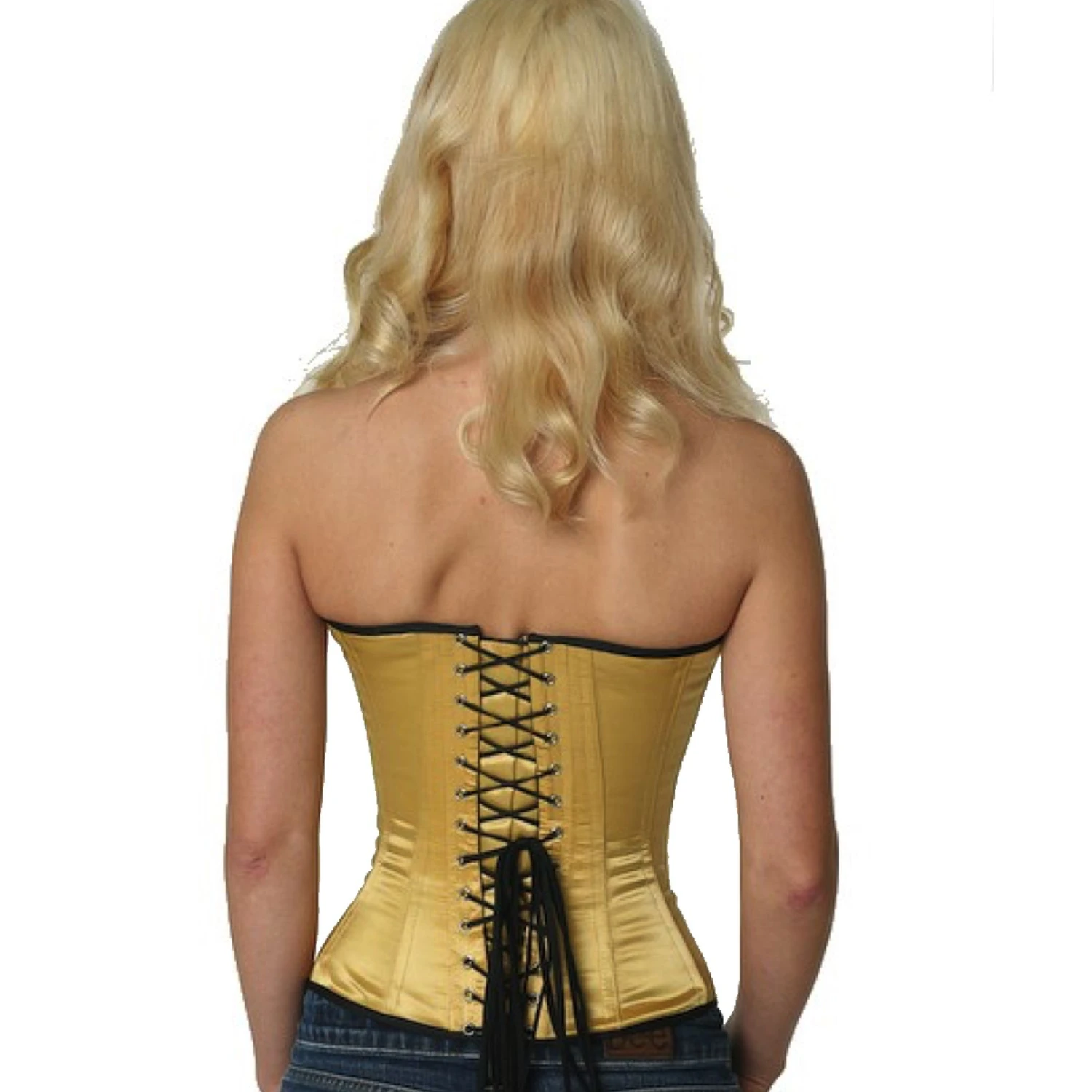 Back view of a model in a satin half-bust tightlacing corset in gold with classic back lacing