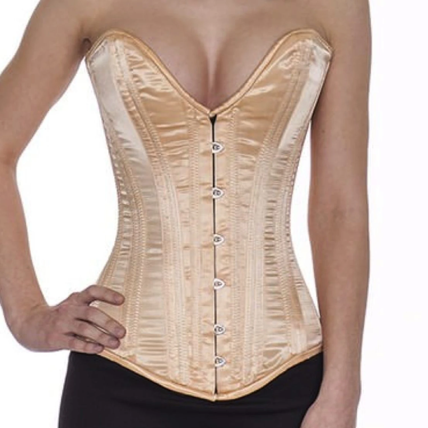 Korsett Beige Sateng Overbust plunge sl11 Ekte helbystekorsett av elegant satinstoff med dyp utskjaering (plunge) i beige for midjereduksjon