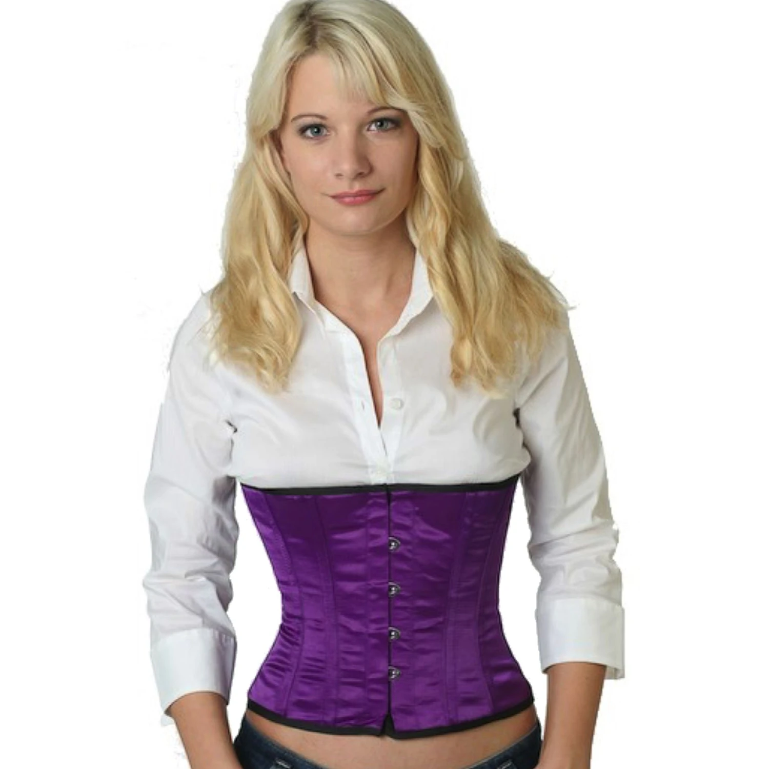Satin Corset Waist Corset Purple Model wearing an elegant satin waist cincher in purple with cotton inner lining