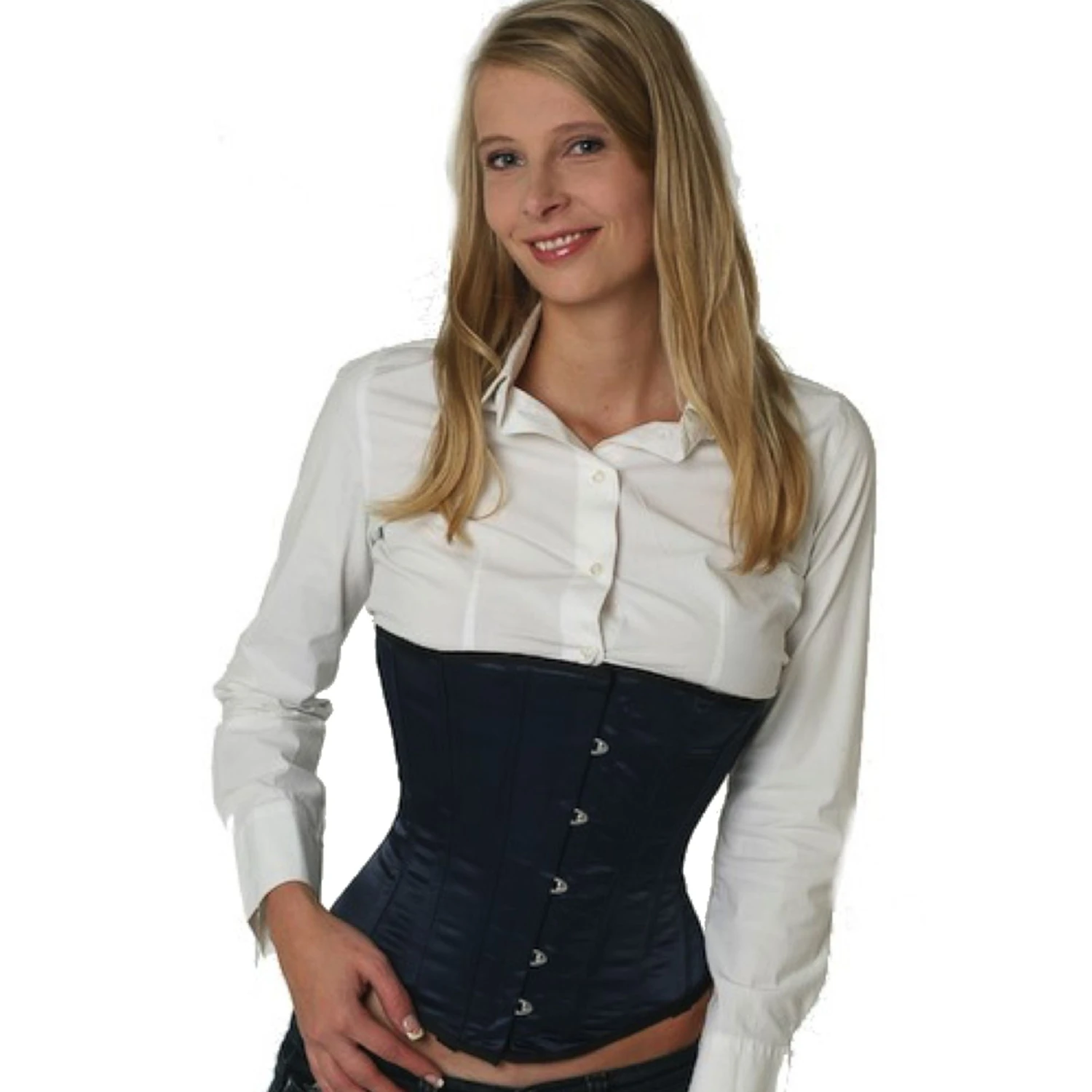 Satin Corset Underbust Corset Dark Blue Model wearing an elegant satin underbust corset in dark blue with cotton inner lining