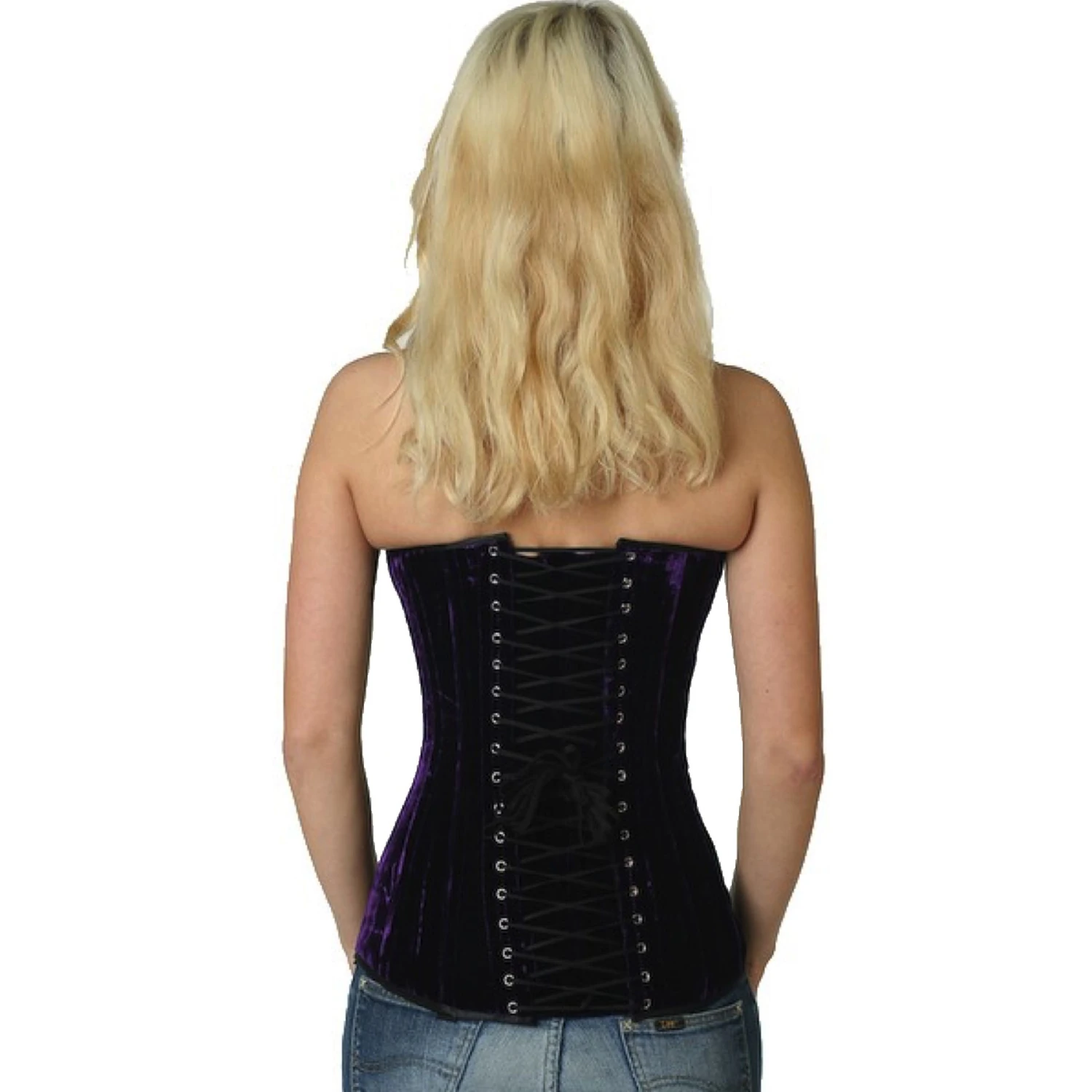 Corsé de terciopelo bajo el busto violeta – Elegancia mística & silueta perfectamente definida Vista trasera de uma modelo con corsé de cordones de terciopelo bajo el pecho en violeta con lazada clásica trasera