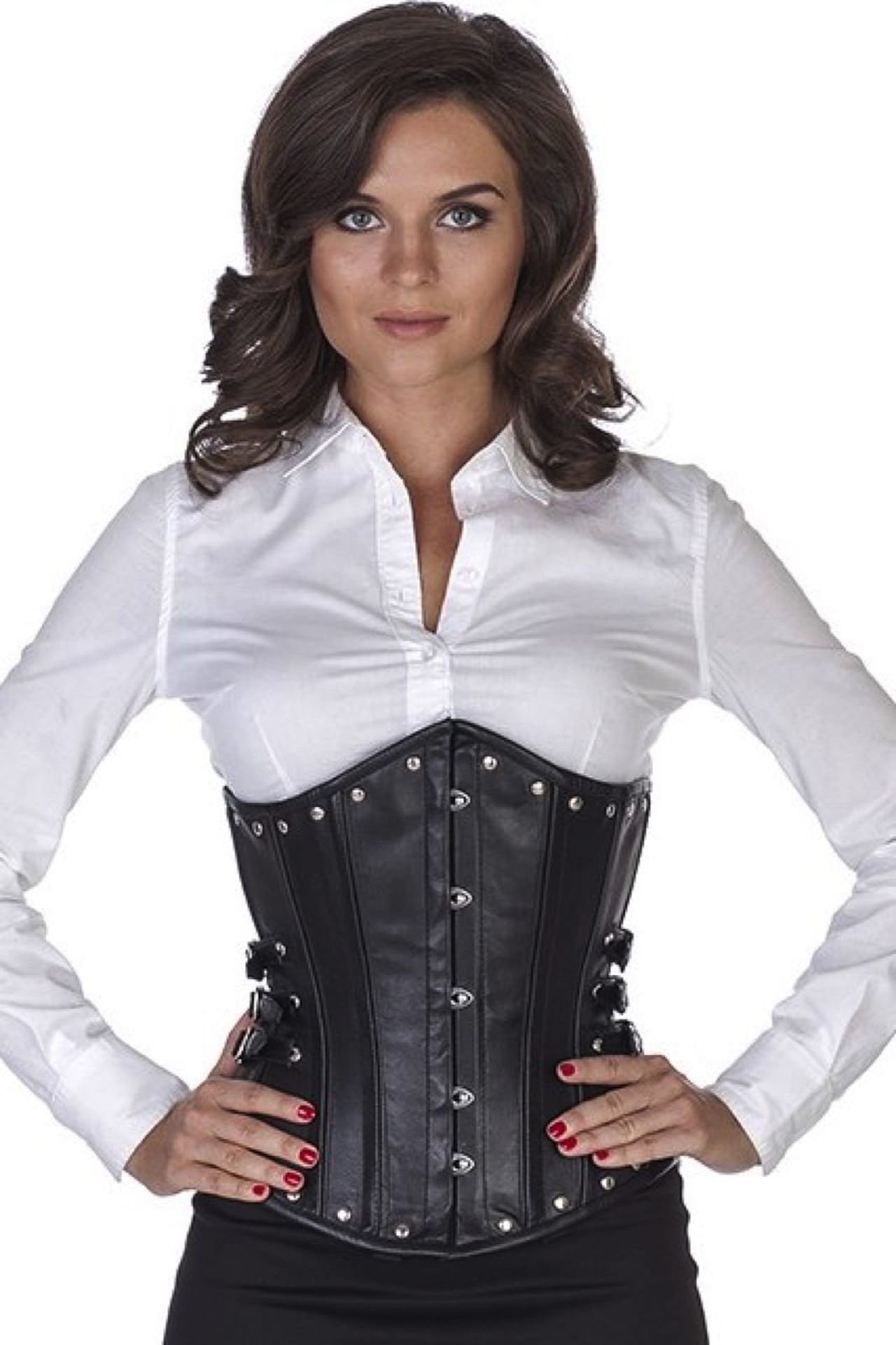 Corset black leather underbust with rivets and side buckles lg20