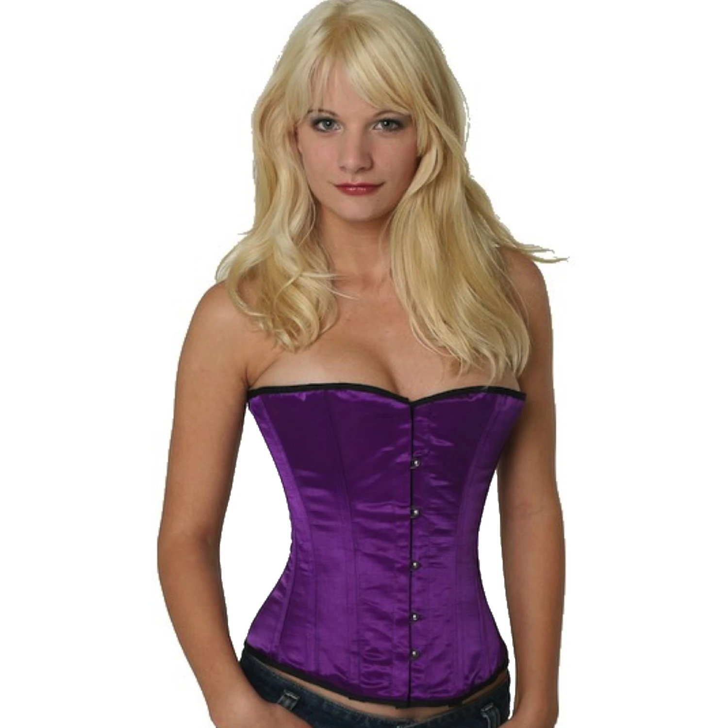 Model wearing an elegant satin half-bust corset in purple with cotton inner lining