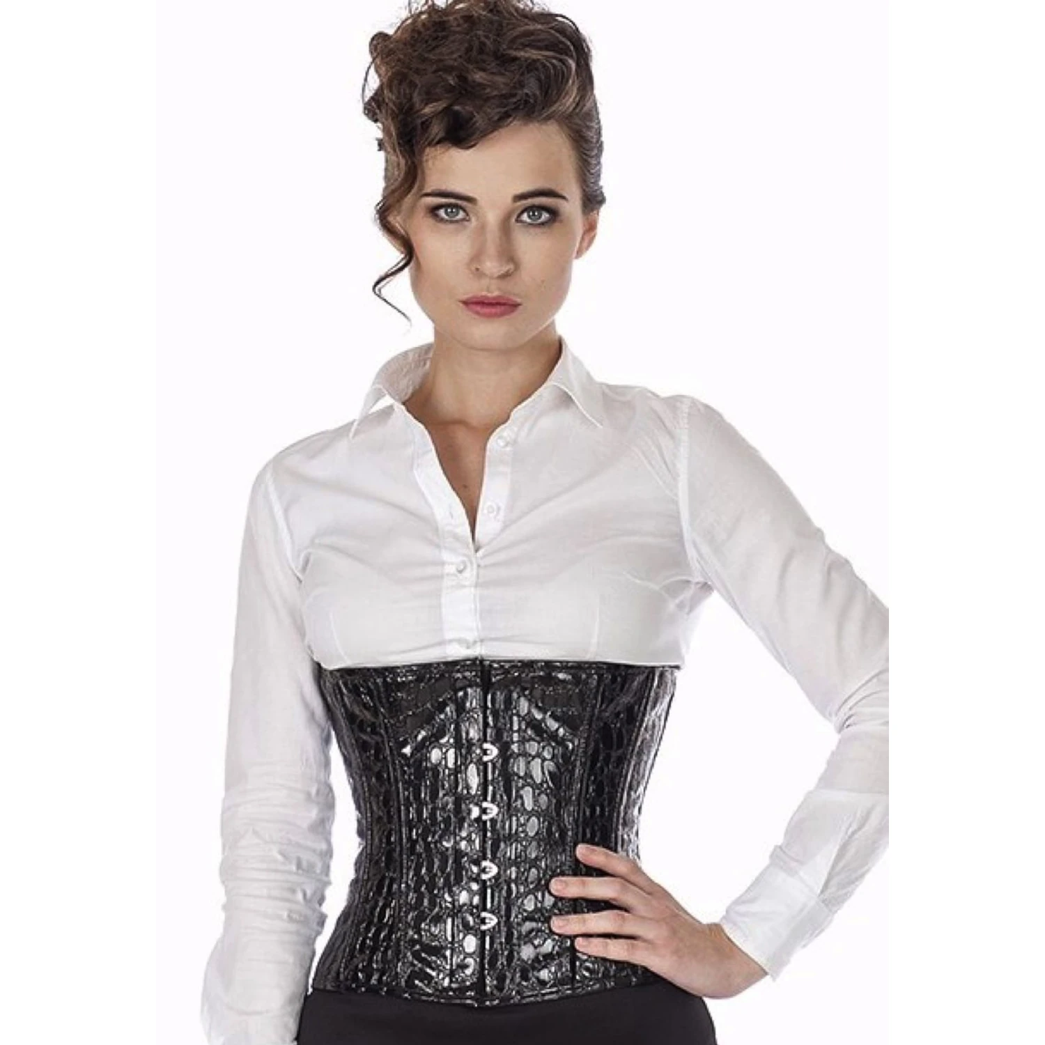 Vinyl Corset Waist Corset Black Croco – Genuine Lace-Up Waist Corset with Embossed Texture Model wearing a short vinyl waist cincher corset in black croco pattern with cotton inner lining