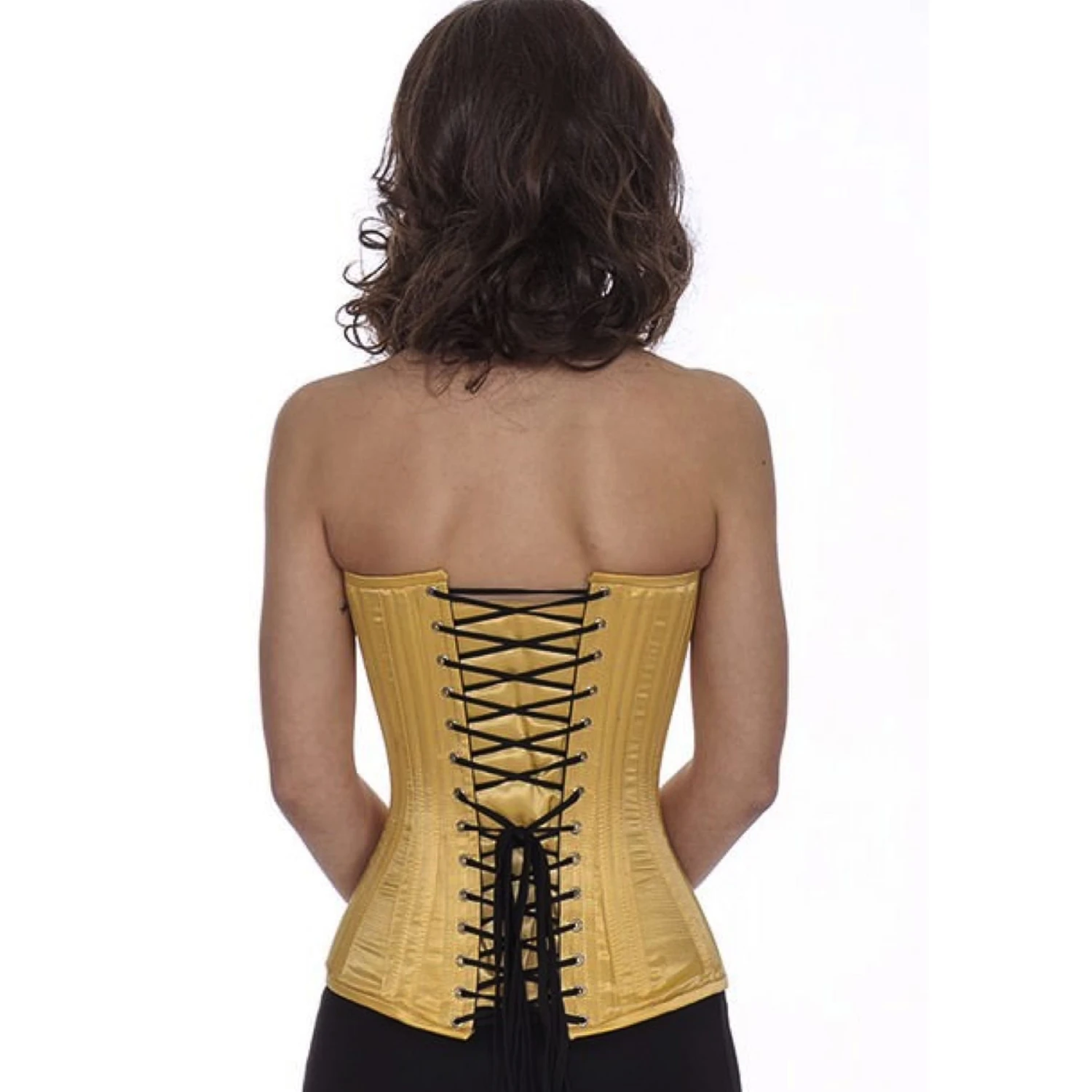 Satin corset overbust corset with deep neckline Plunge Gold Back view of a model in an authentic satin full-bust plunge corset in gold with classic back lacing