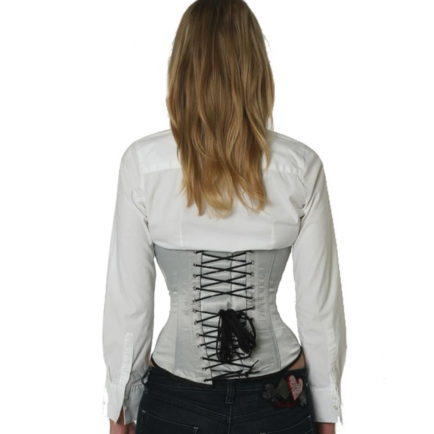 Espartilho Corset cinzento cetim su01 Vista traseira de uma modelo com corset de amarração em cetim sob o busto em cinza com laços clássicos nas costas
