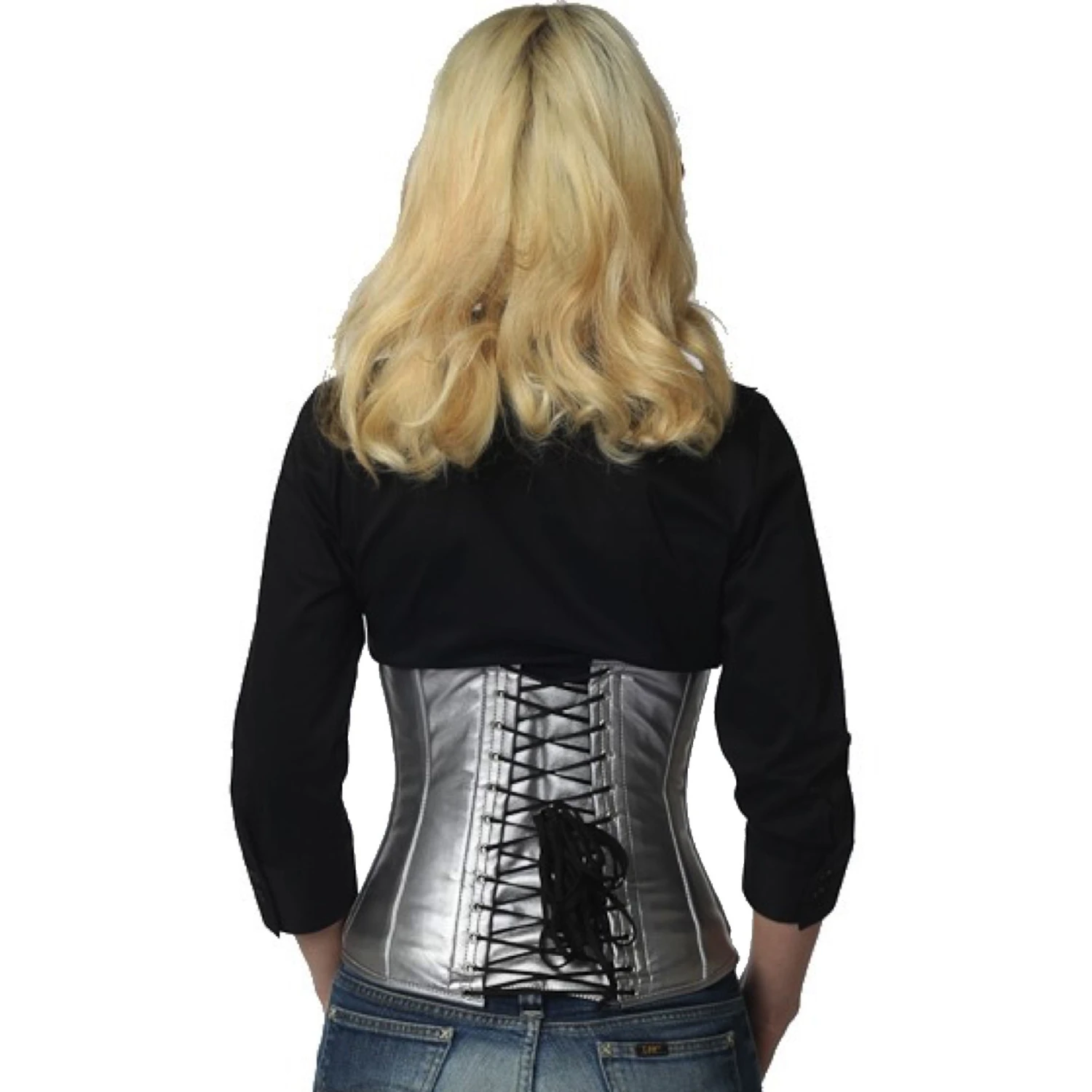 Back view of a model in an authentic vinyl tightlacing waist corset in silver with back lacing
