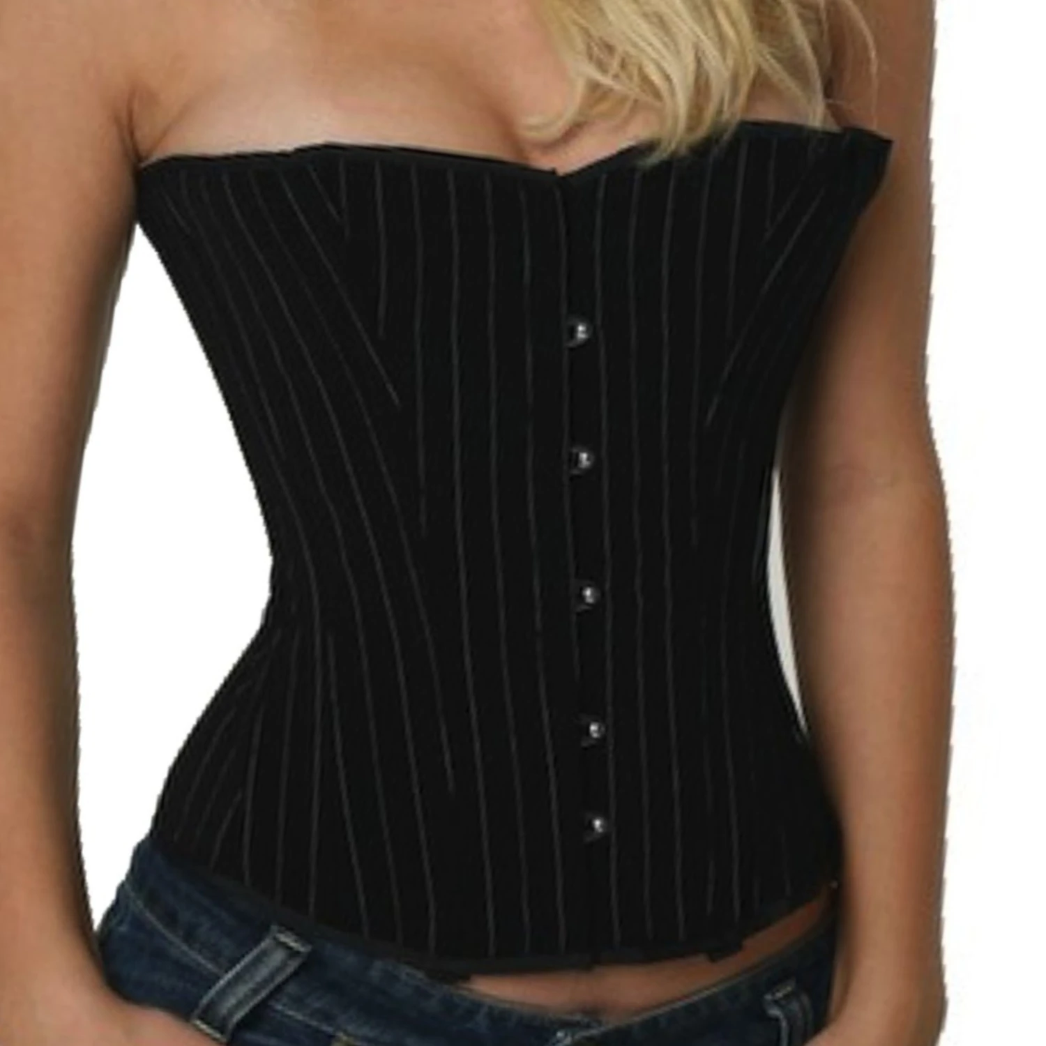 Corsetto semiseno gessato – vero corsetto con allacciatura a lacci per la riduzione della vita Elegante corsetto stringato a mezzo busto in broccato indossato da una modella ? vista frontale
