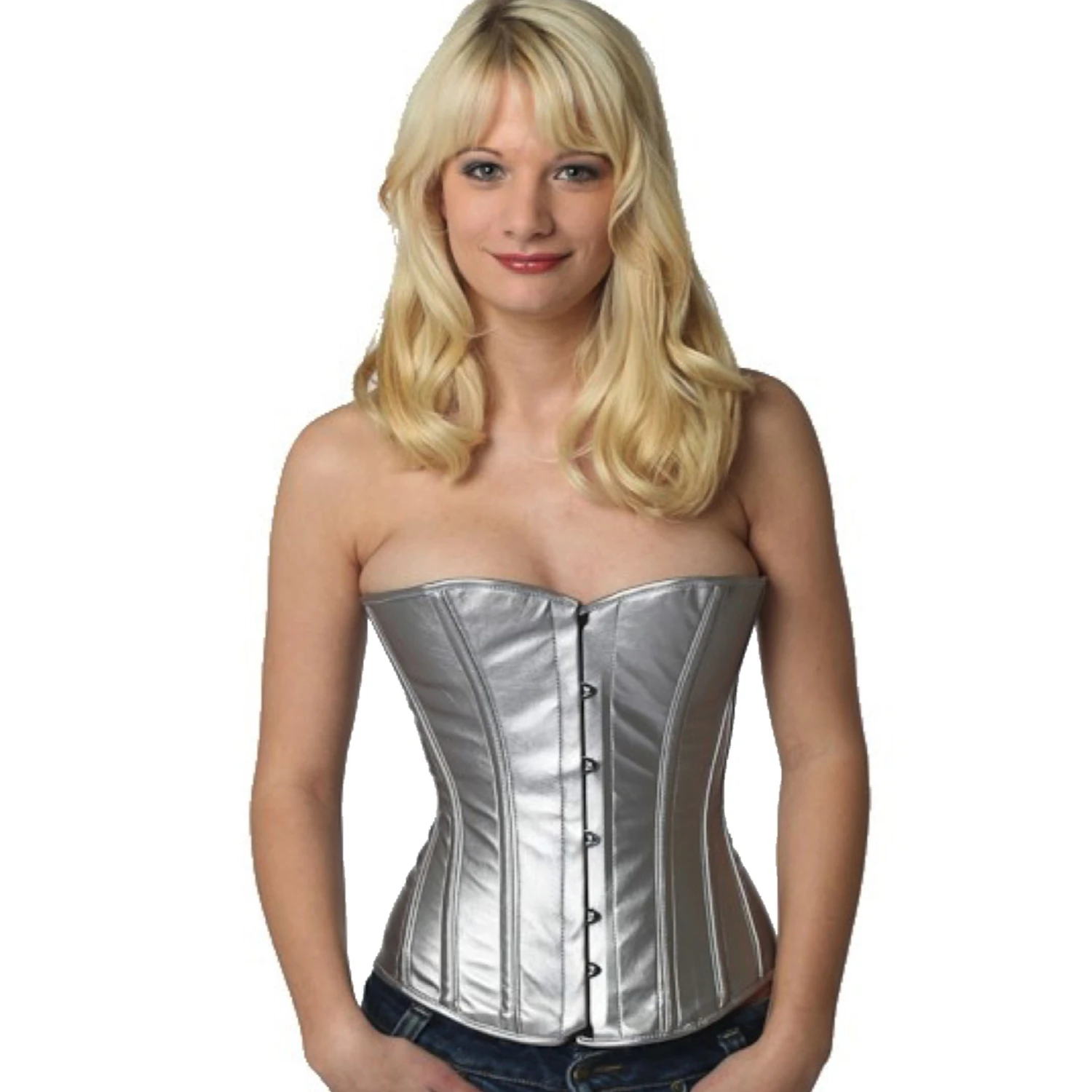 PVC underbust corset in silver – genuine steel-boned corset with a brilliant high-gloss finish Model wearing an elegant vinyl half-bust corset in silver with cotton inner lining