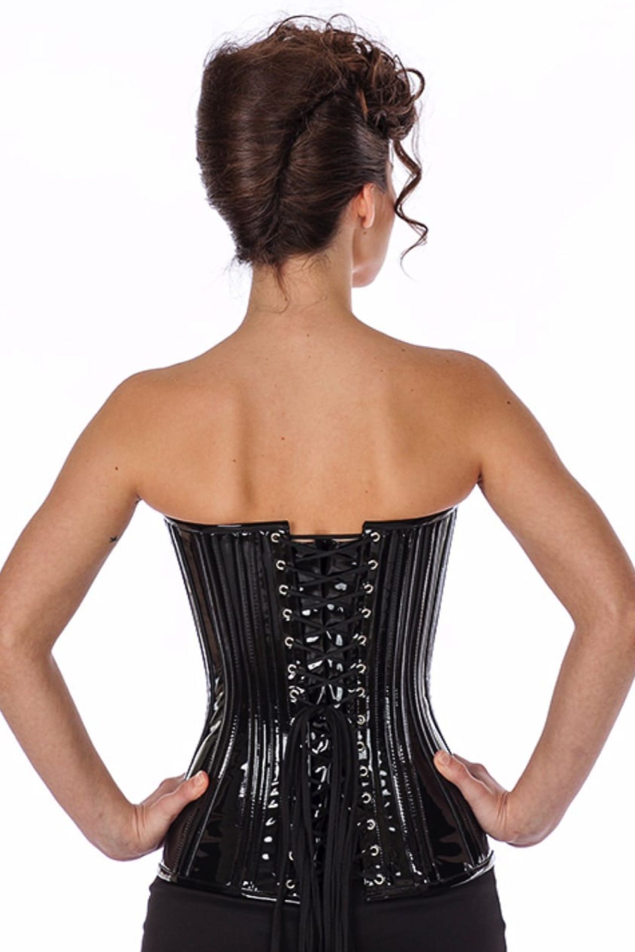 Corset black vinyl overbust plunge corset pl70