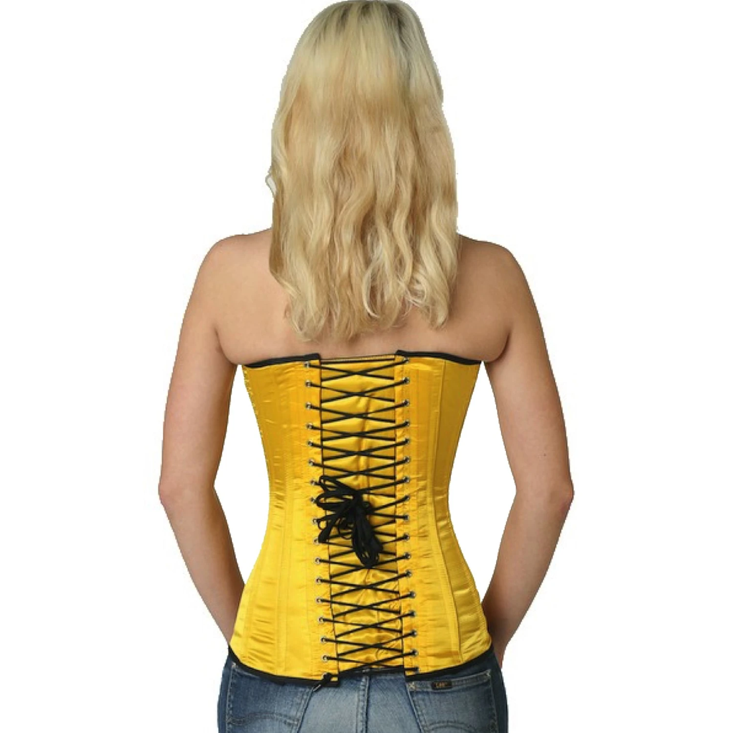 Satin overbust corset Yellow/Mango Back view of a model in a satin overbust tightlacing corset in yellow with classic back lacing