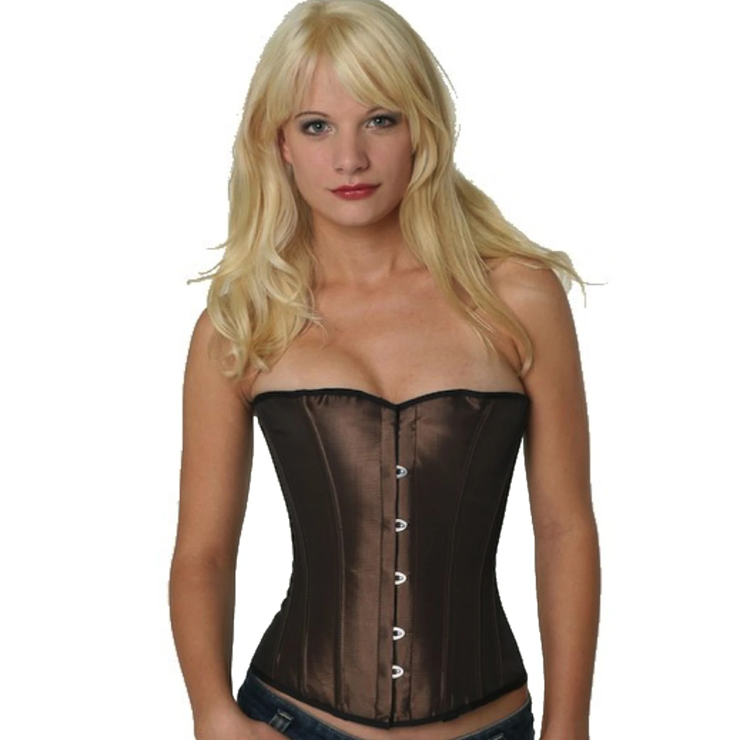 Half-bust corset in tea-brown satin – Stylish waist shaping, also available made to measure Model wearing an elegant satin half-bust corset in tea brown with cotton inner lining