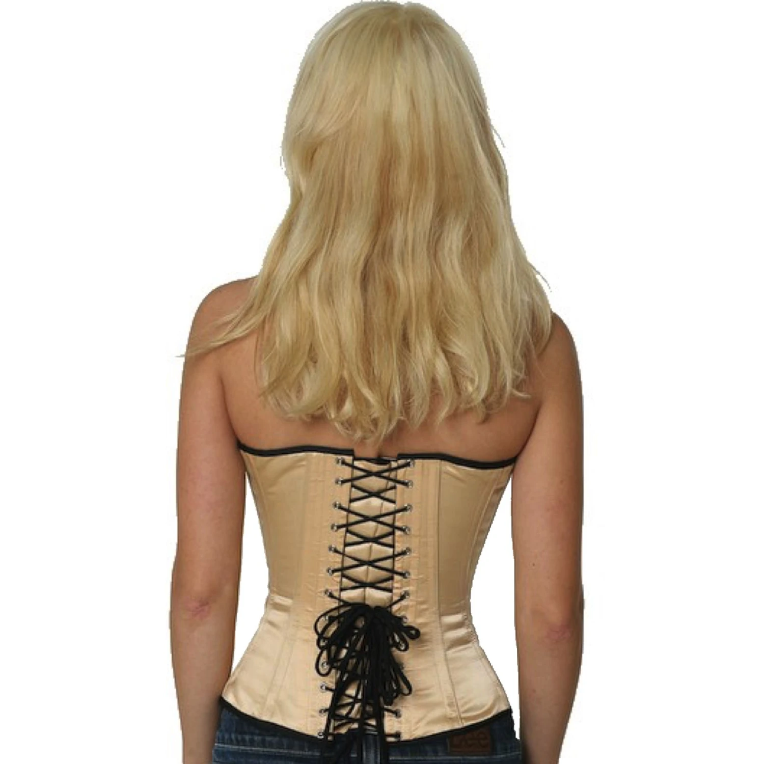 Half-bust corset in beige satin – Elegant lace-up corset for a perfect fit Back view of a model in a satin half-bust tightlacing corset in beige with classic back lacing