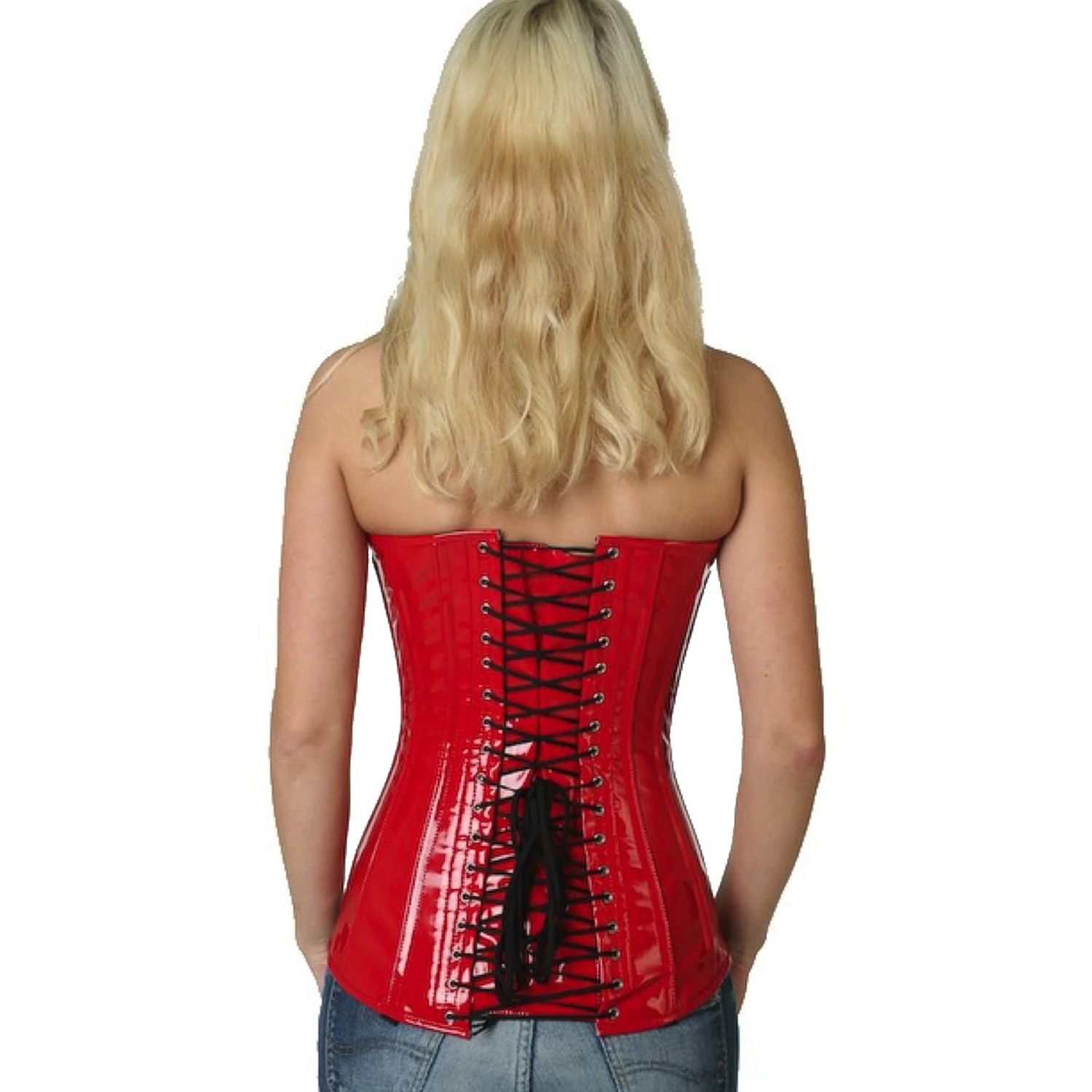 Espartilho de verniz vermelho como espartilho de busto inteiro para curvas dramáticas Vista traseira de uma modelo com um autêntico corset de amarração busto completo em vermelho com laços nas costas