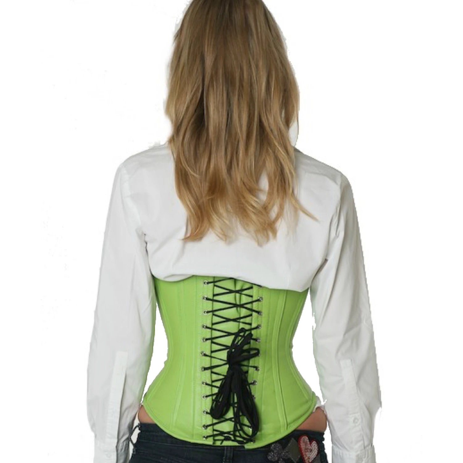 Espartilho de couro, espartilho abaixo do busto, verde, de couro genuíno Vista traseira na modelo: Corset de couro sob o busto em verde com amarração clássica nas costas e 14 barbanas de aço inoxidável.