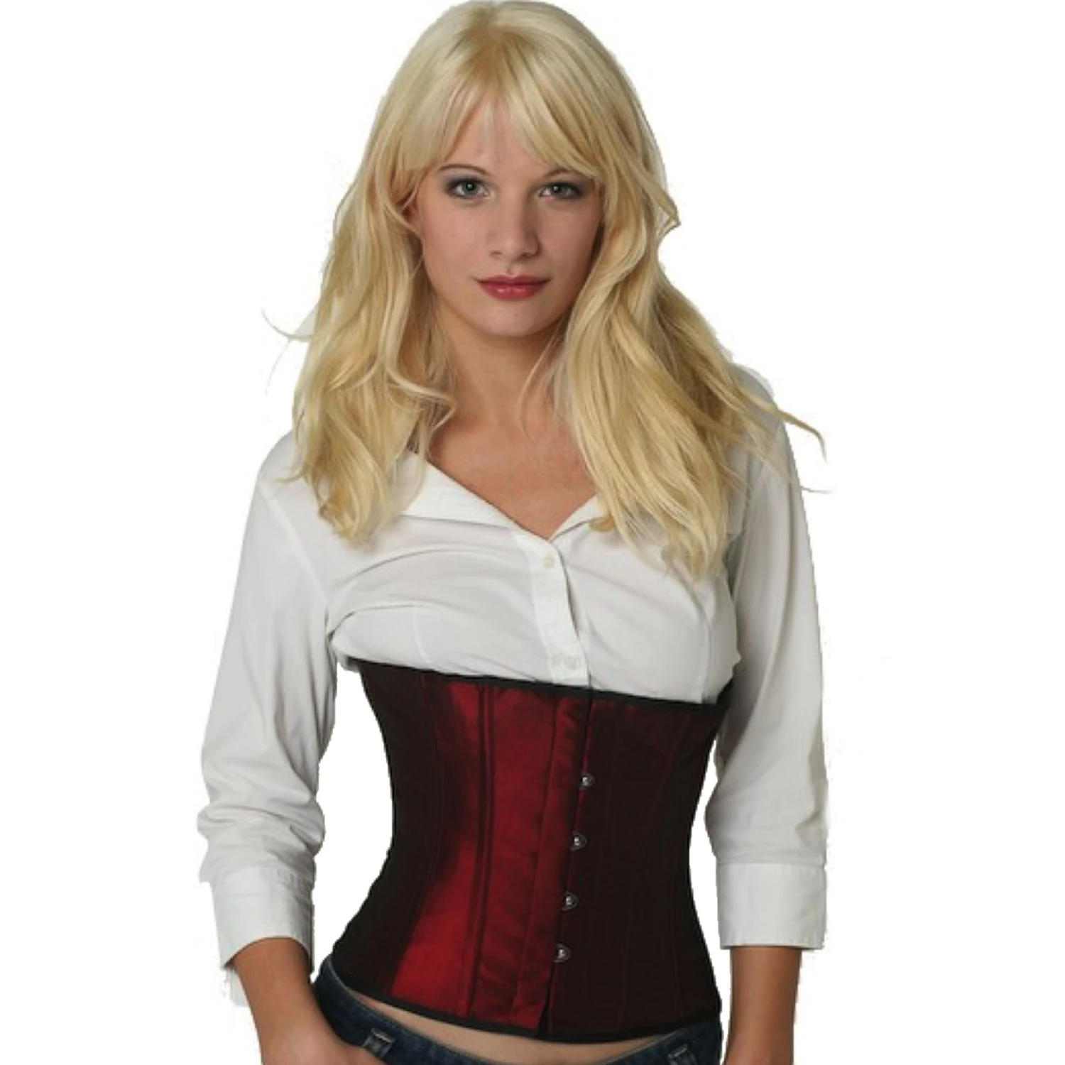 Satin Corset Waist Corset Wine Red Model wearing an elegant satin waist cincher in dark red with cotton inner lining