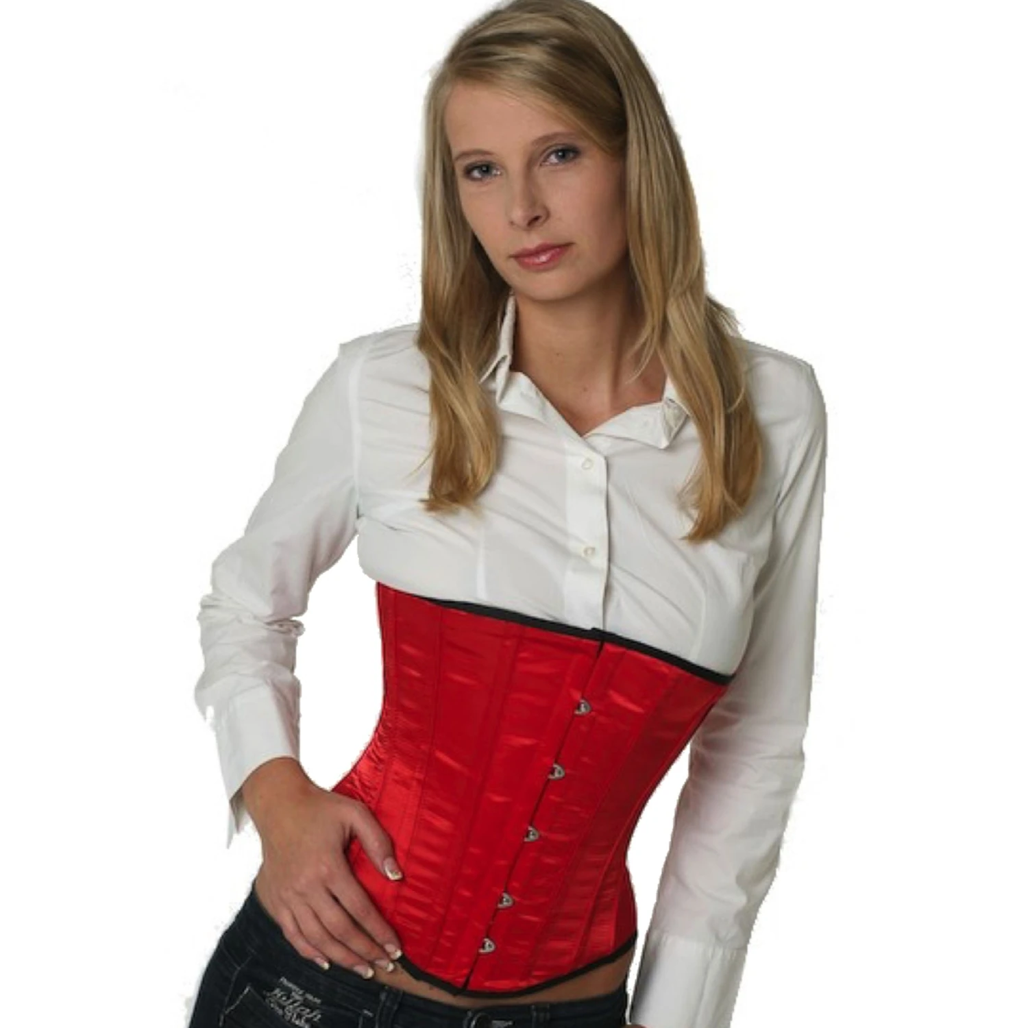 Satin Corset Underbust Corset Red Model wearing an elegant satin underbust corset in red with cotton inner lining