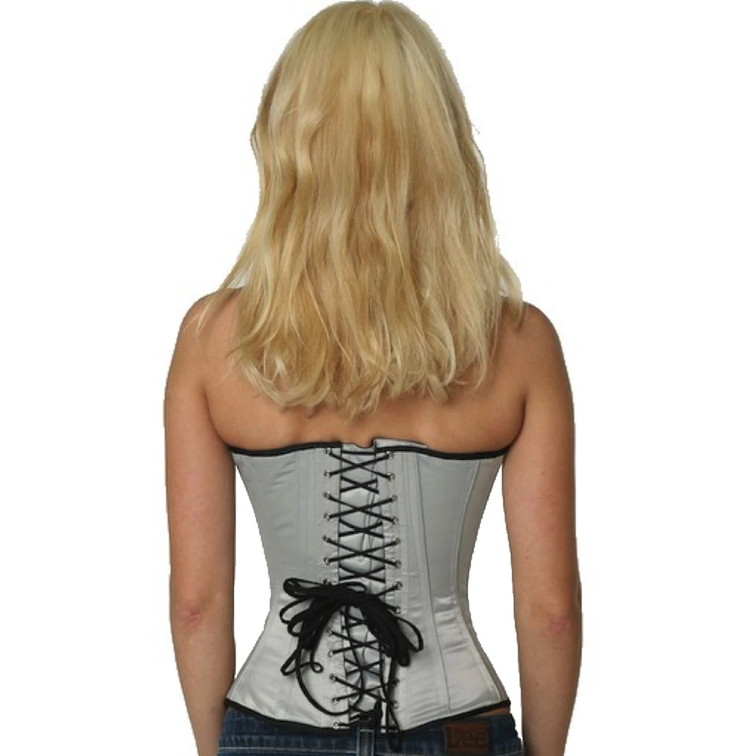 Espartilho de cetim meia-taça cinza Vista traseira de uma modelo com corset de amarração em cetim em cinza com laços clássicos nas costas