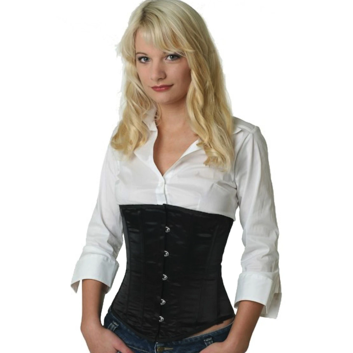 Satin Corset Underbust Corset Black Model wearing an elegant satin underbust corset in black with cotton inner lining