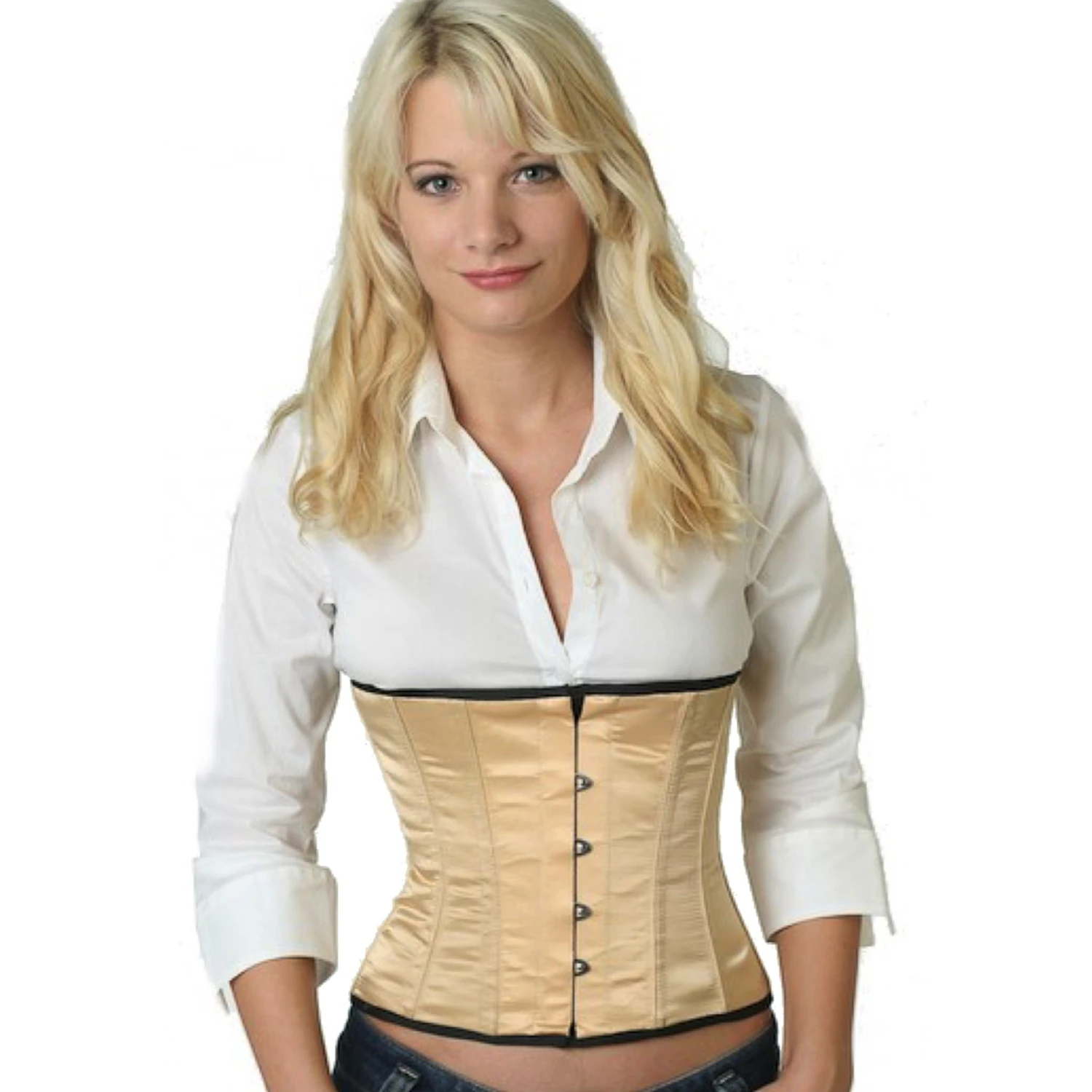Korsett Beige Sateng Midje sw11 Modell har pa seg et elegant satin-taillekorsett i beige med bomullsfor på innsiden