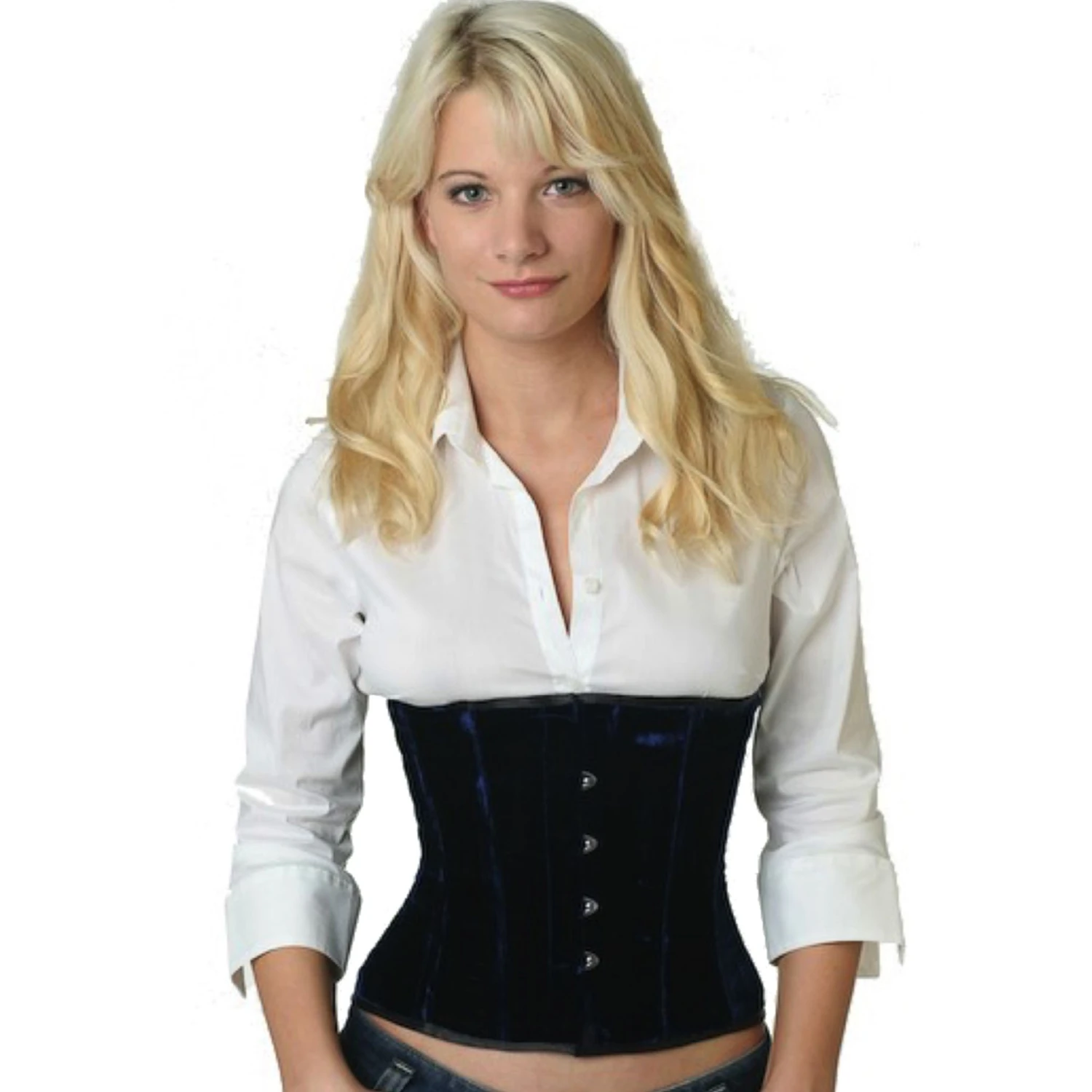 Waist corset made of velvet in violet Model wearing an elegant velvet waist cincher in purple with cotton inner lining