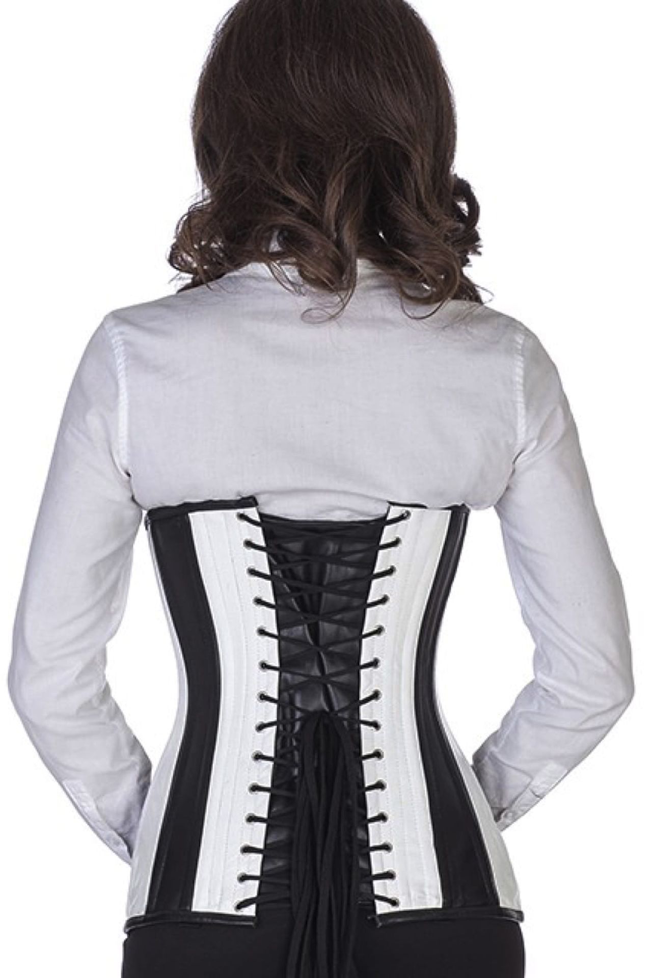 Corset black white leather curved underbust ln35