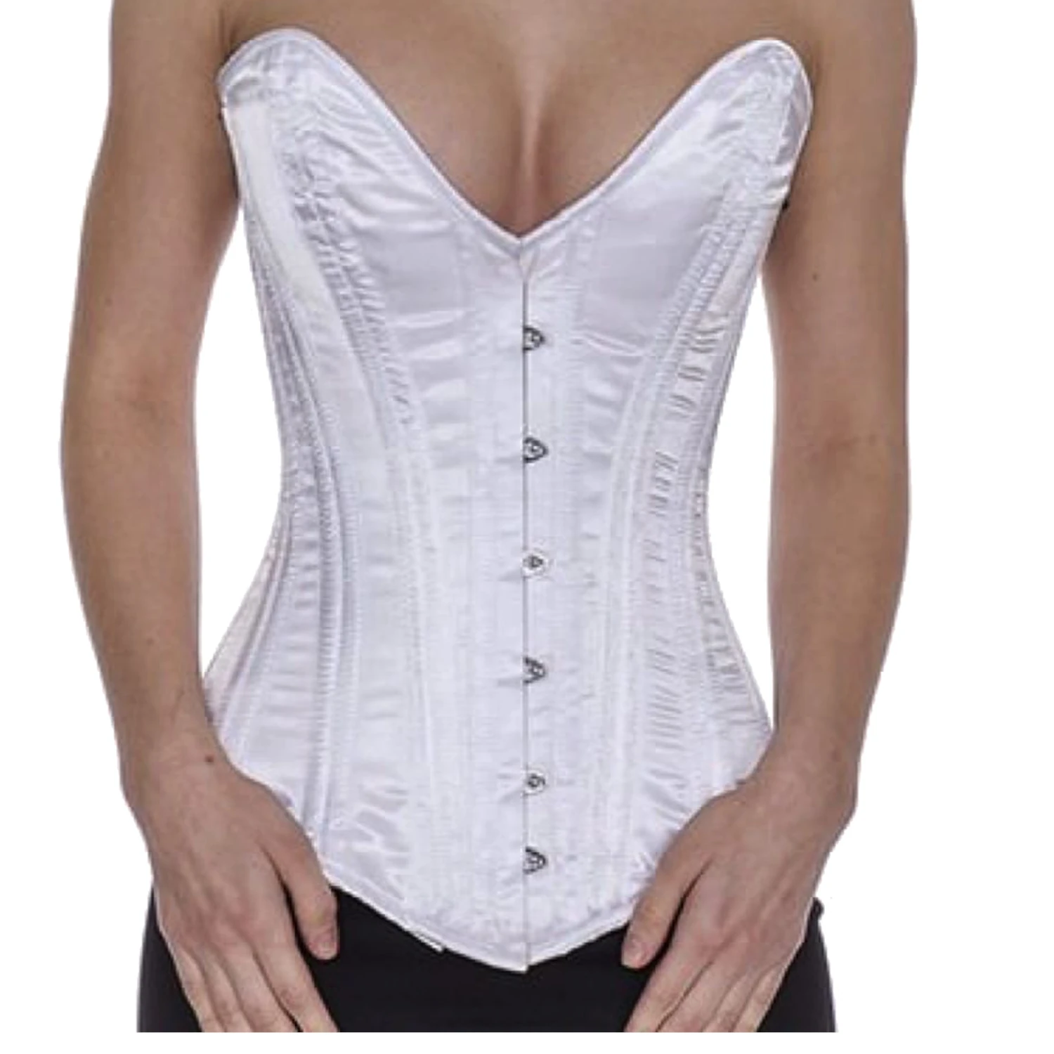 Korsett Hvit Sateng Overbust plunge sl02 Ekte helbystekorsett av elegant satinstoff med dyp utskjaering (plunge) i hvit for midjereduksjon