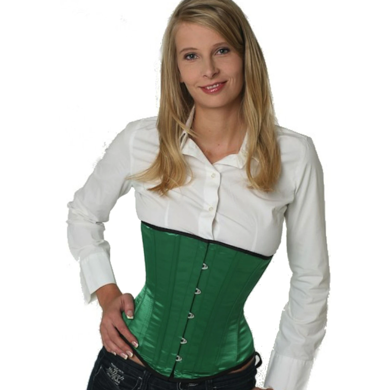 Green Satin Underbust Corset – Exquisite Elegance & Stylish Silhouette Model wearing an elegant satin underbust corset in green with cotton inner lining