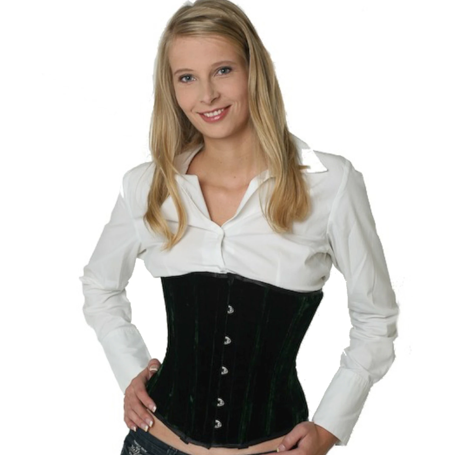 Velvet Corset Underbust Corset Green Model wearing an elegant velvet underbust corset in green with cotton inner lining