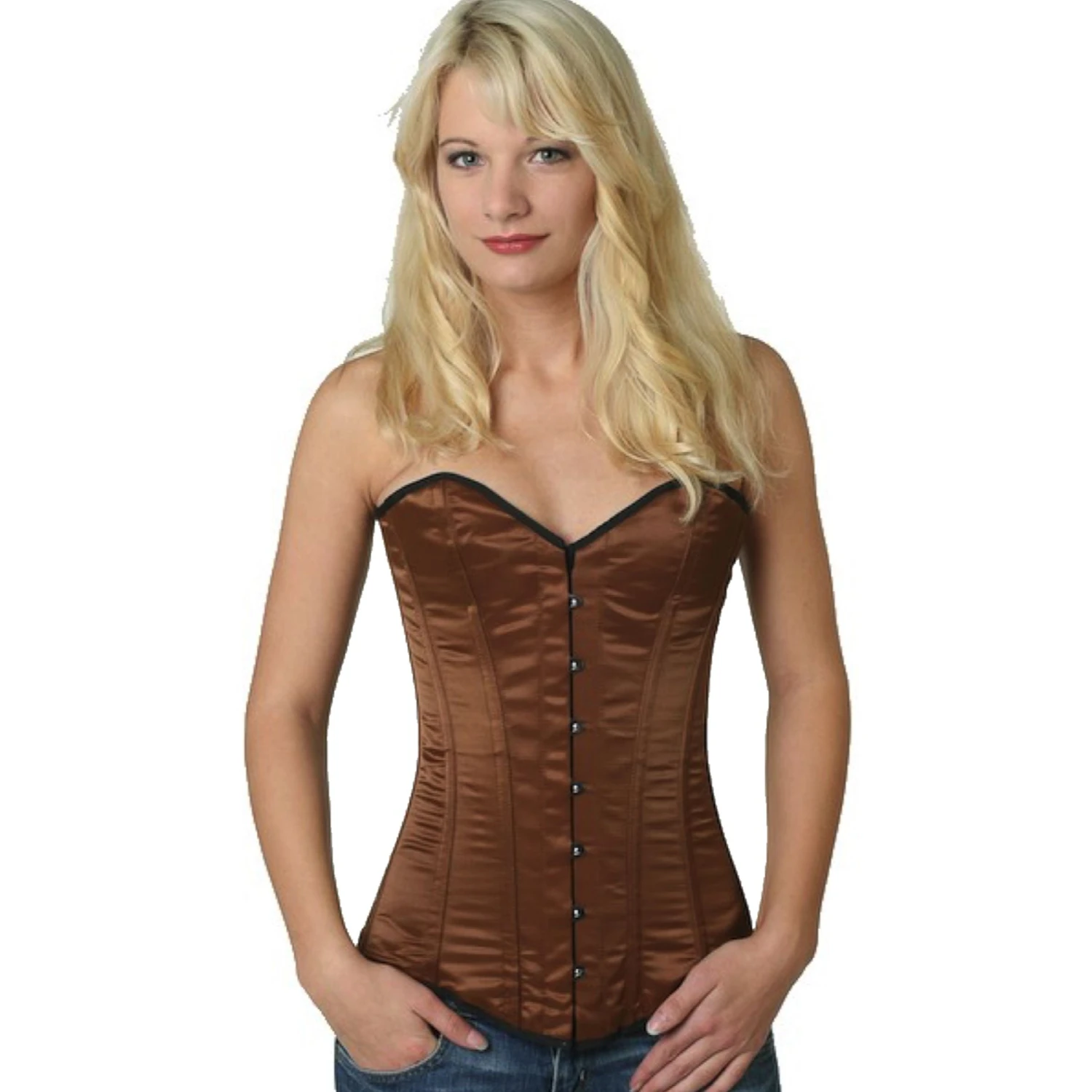 Espartilho Corset castanho cetim sy10 Modelo vestindo um elegante corset busto completo de cetim castanho com forro interno de algodão