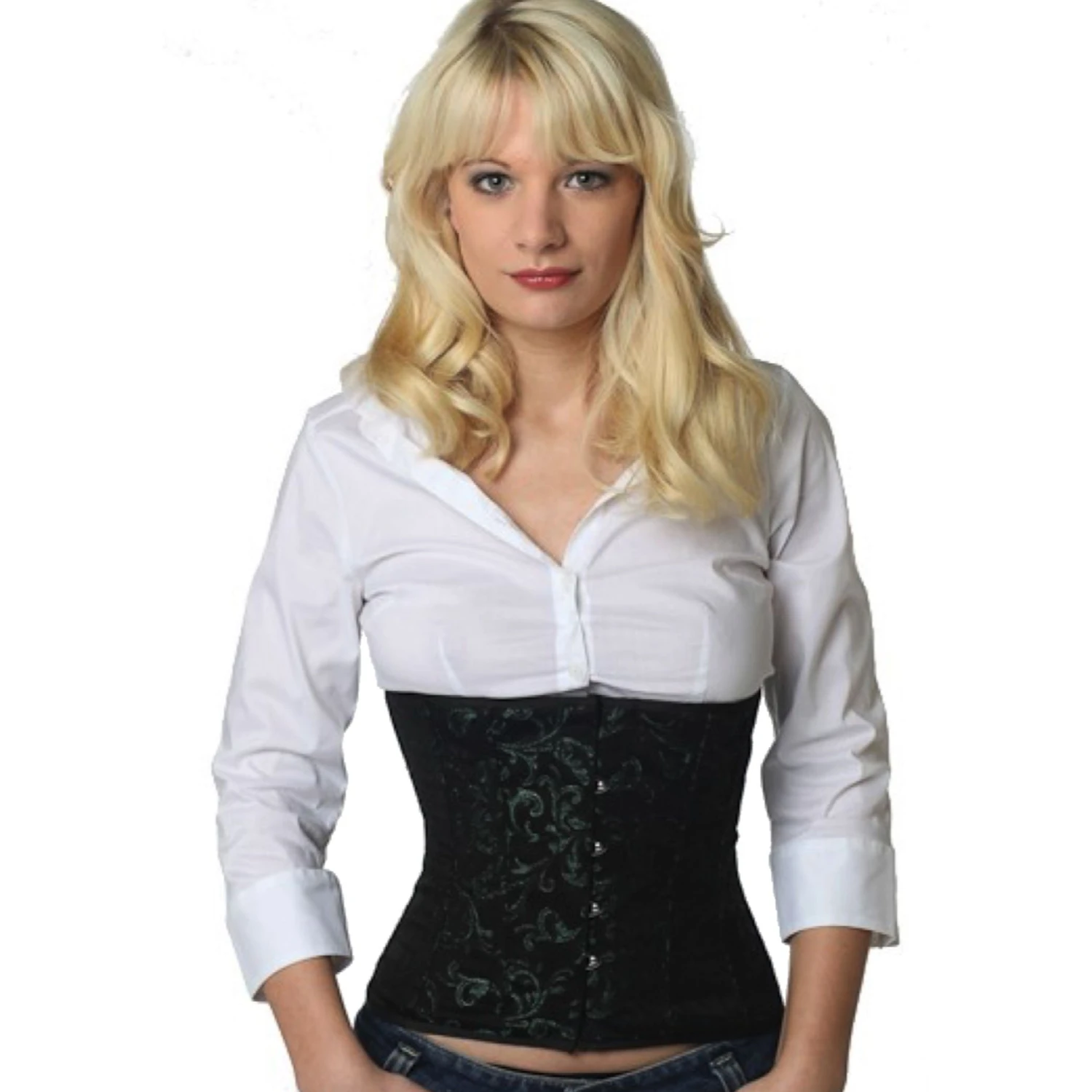 Brocade Corset Waist Corset Green Model wearing a short brocade waist cincher corset in green with cotton inner lining