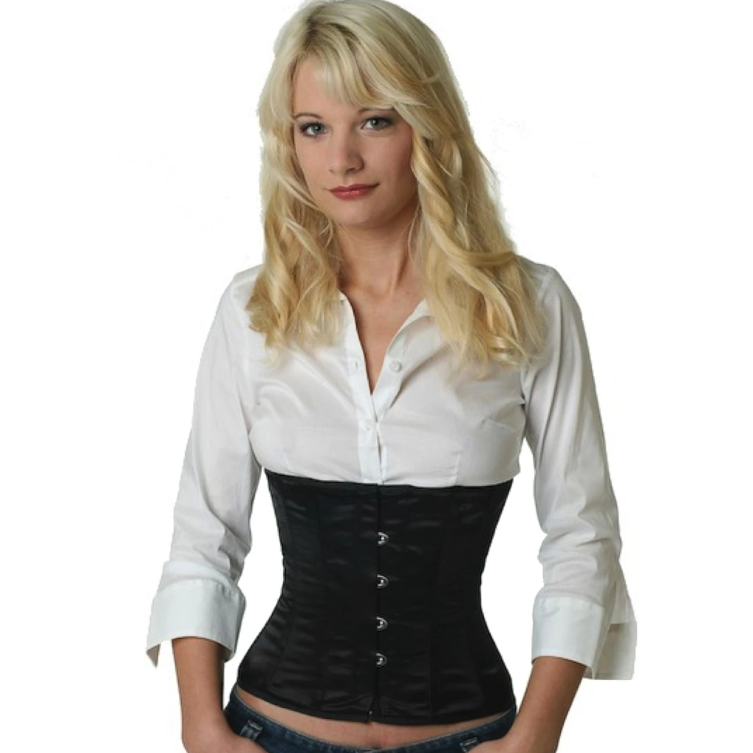 Satin corset waist trainer black Model wearing an elegant satin waist cincher in black with cotton inner lining