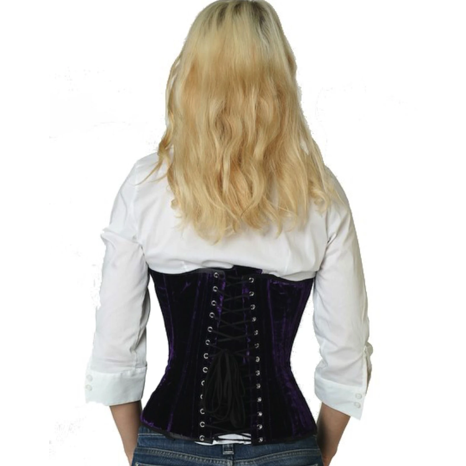 Half-bust velvet corset in violet Back view of a model in a velvet demi-bust tightlacing corset in purple with classic back lacing