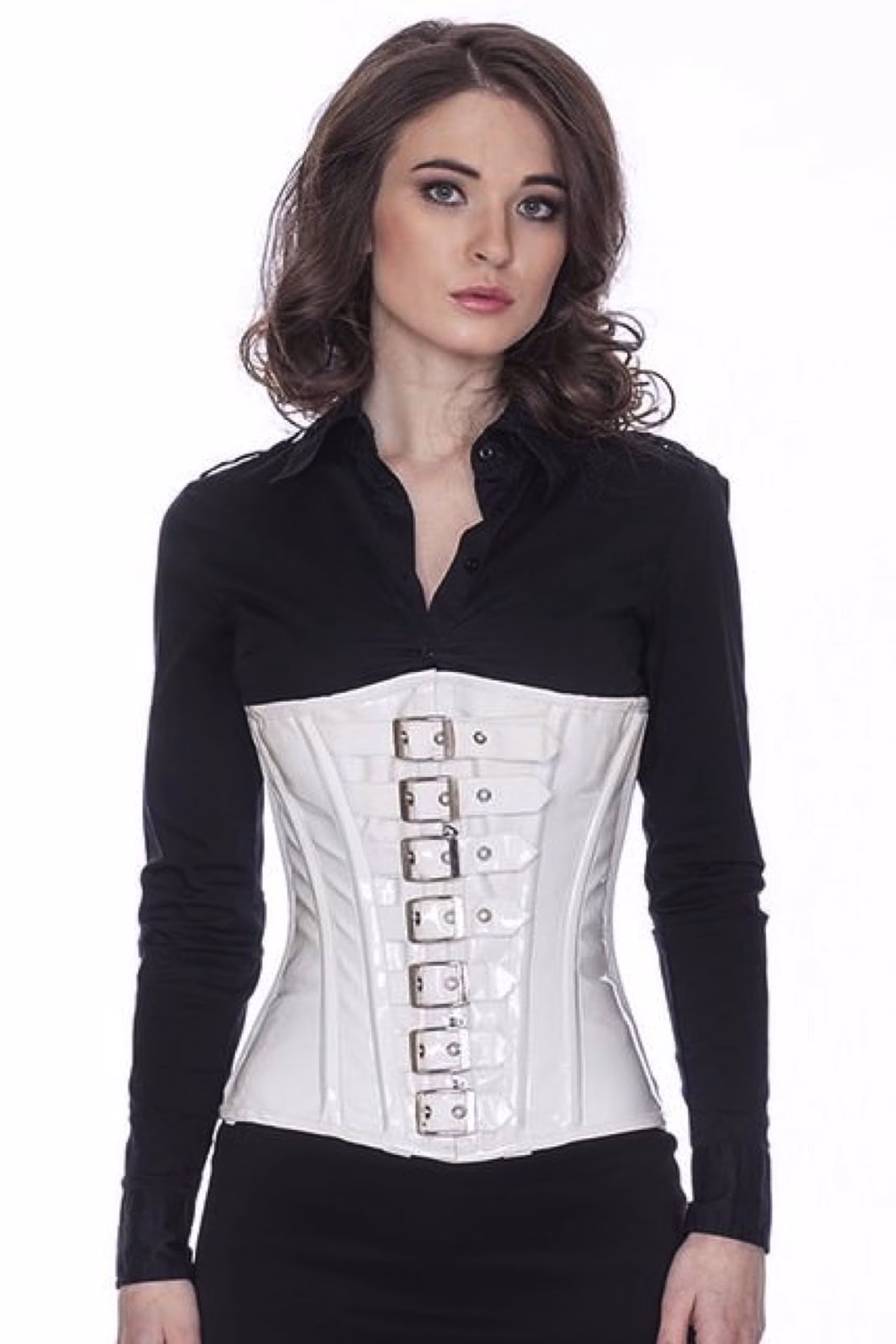 Korsett Weiß Corsage Lack Unterbrust mit Schnallen pc76